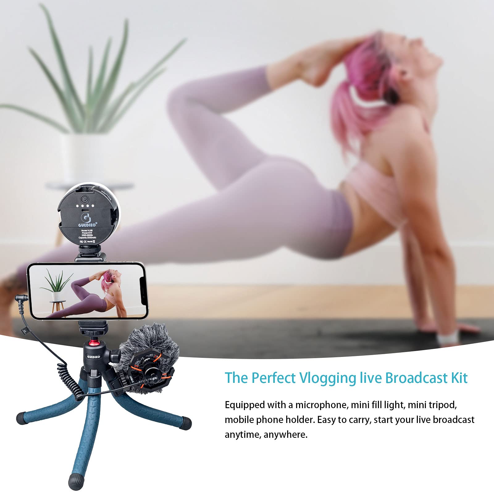 Professional Vlog Kit with LED Light, Phone Holder, Tripod & Microphone - Compatible with iPhone, Smartphone & DSLR Cameras - Perfect for YouTube, TikTok, Live Streaming & Video Recording - GUEDIEO