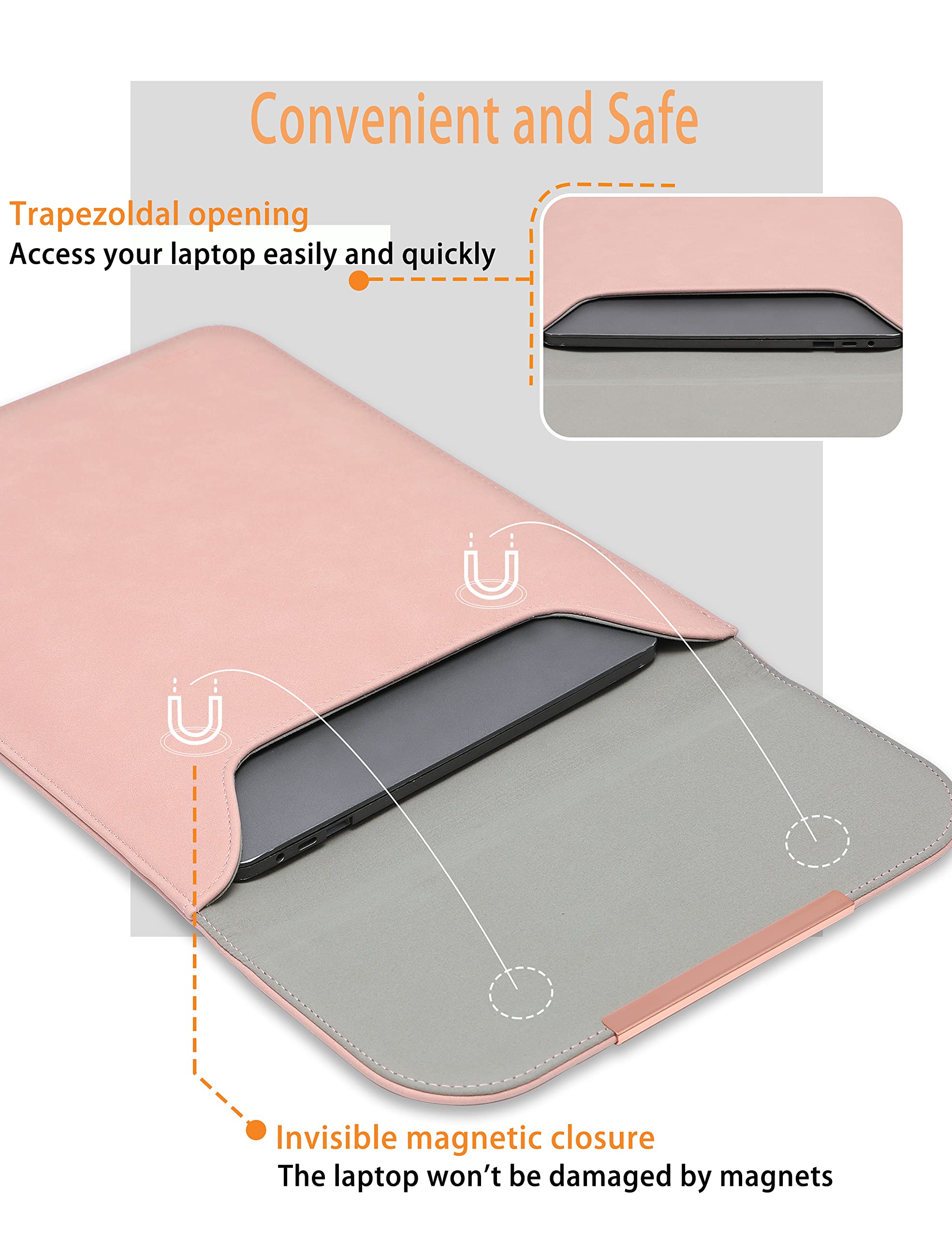 HYZUO 15-16 Inch Laptop Sleeve Bag for MacBook Pro 16 M2/M1 Pro/Max (2023-2019), MacBook Pro 15 (2019-2012), Dell XPS 15 - Premium Faux Suede Leather Case with Rose Gold Metal Trim in Pink | Protective Computer Sleeve for Work, Travel & School