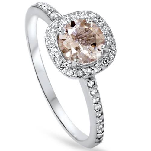 7/8ct Round Morganite & Diamond Cushion Halo Engagement Ring in 14K White Gold | Elegant Bridal Jewelry for Proposals, Weddings & Anniversaries
