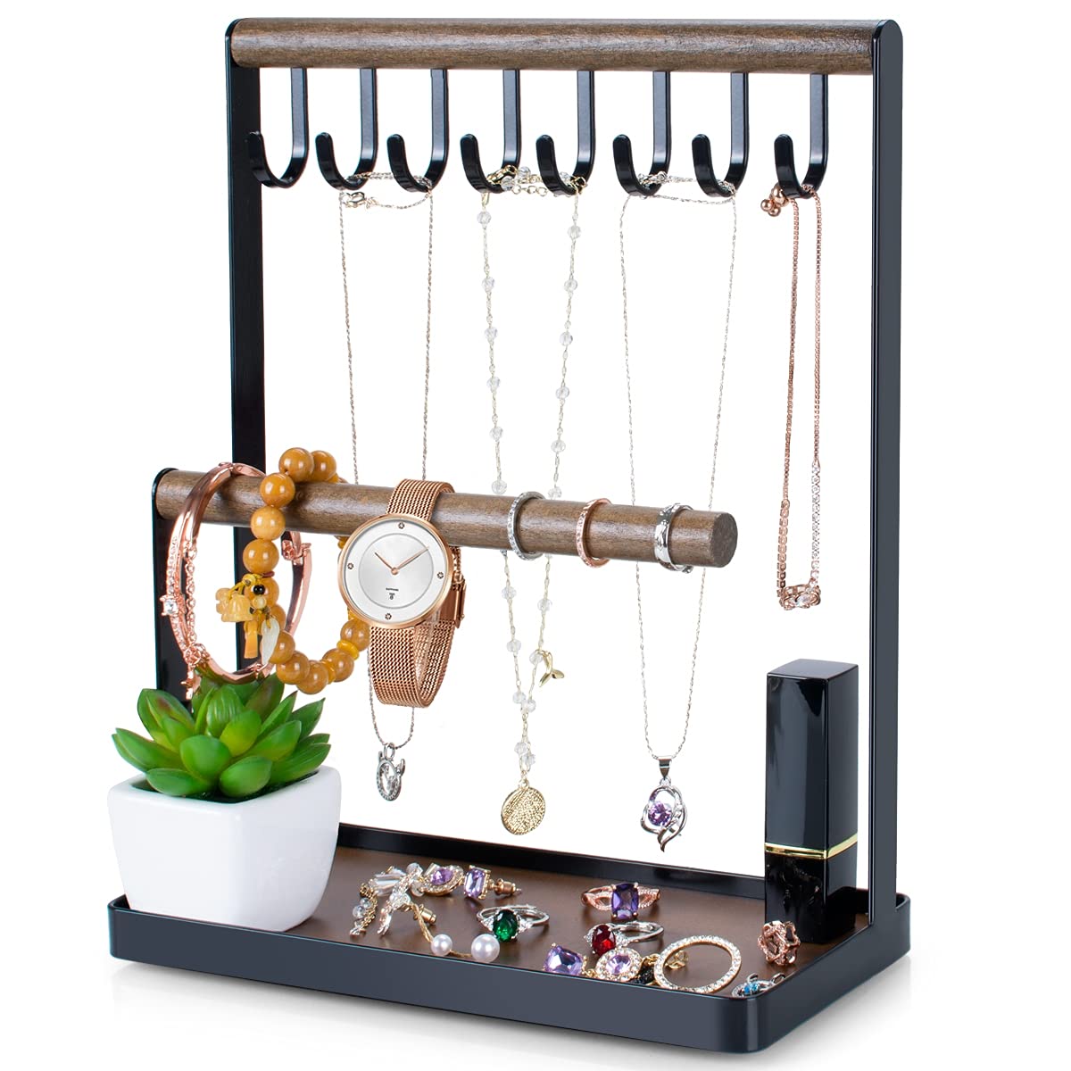 PAMANO 3-Tier Wooden Jewelry Organizer Stand - Necklace Hanger with 8 Hooks, Earring Tray & Ring Holder for Bracelets, Watches - Black - Perfect for Bedroom Vanity, Dresser Top & Closet Jewelry Storage