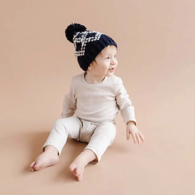 Blueberry Hill Knit Fair Isle Hat - Navy Diamond Design - Warm Winter Beanie for Men & Women - Perfect for Skiing, Snowboarding & Outdoor Activities