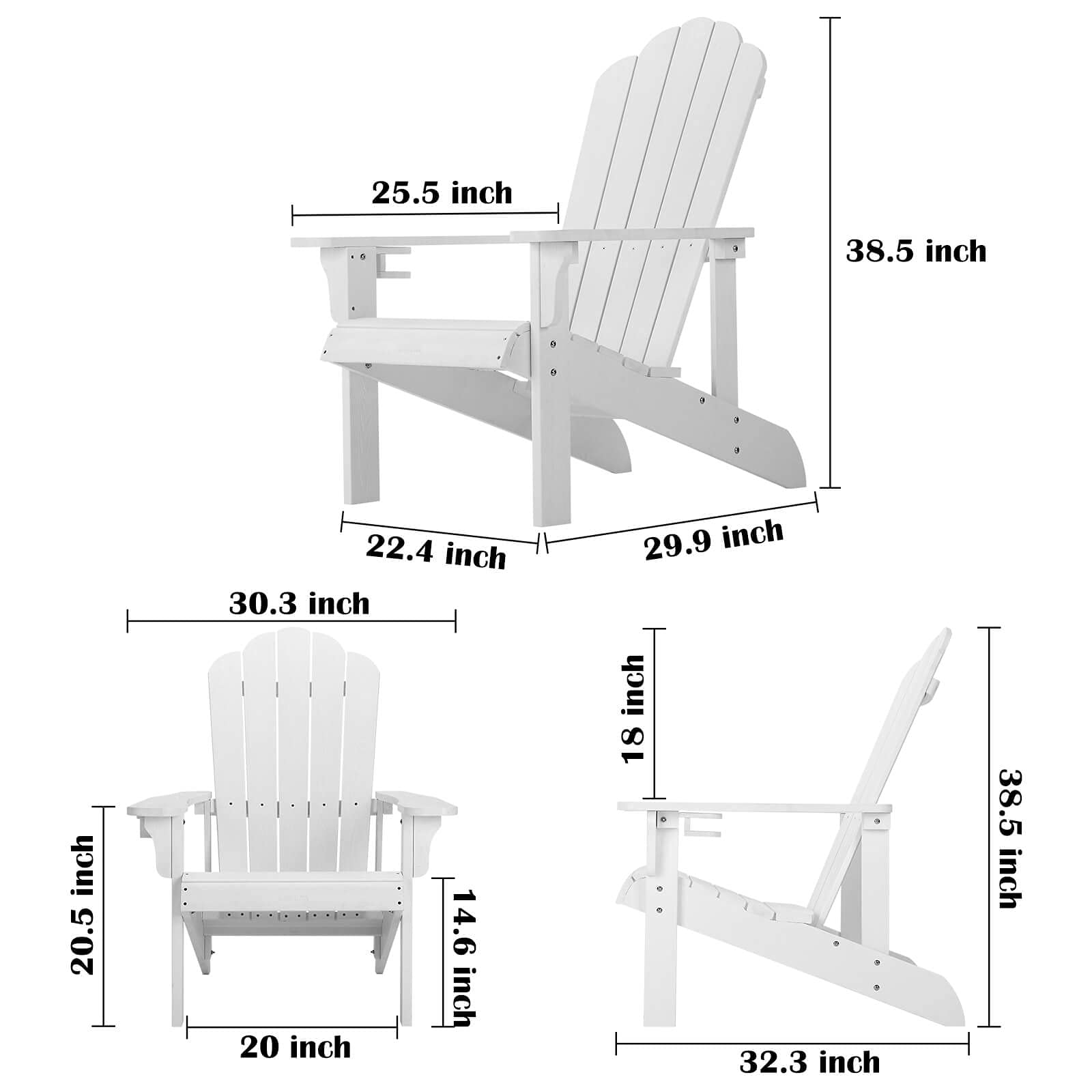 Premium HIPS Adirondack Chair - Weather-Resistant Outdoor Plastic Chair with Cup Holder for Patio, Backyard, Deck, Fire Pit, Lawn & Porch - Perfect for Relaxing, Sunbathing & Outdoor Gatherings (White)