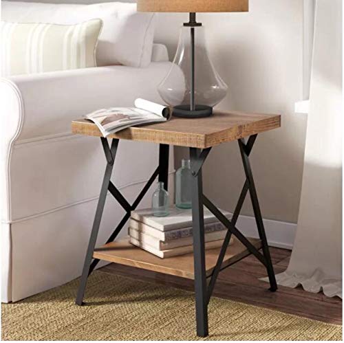 Industrial End Table with Solid Wood Top & Metal Base - Bedside, Couch, Sofa & Coffee Table for Living Room, Bedroom & Office