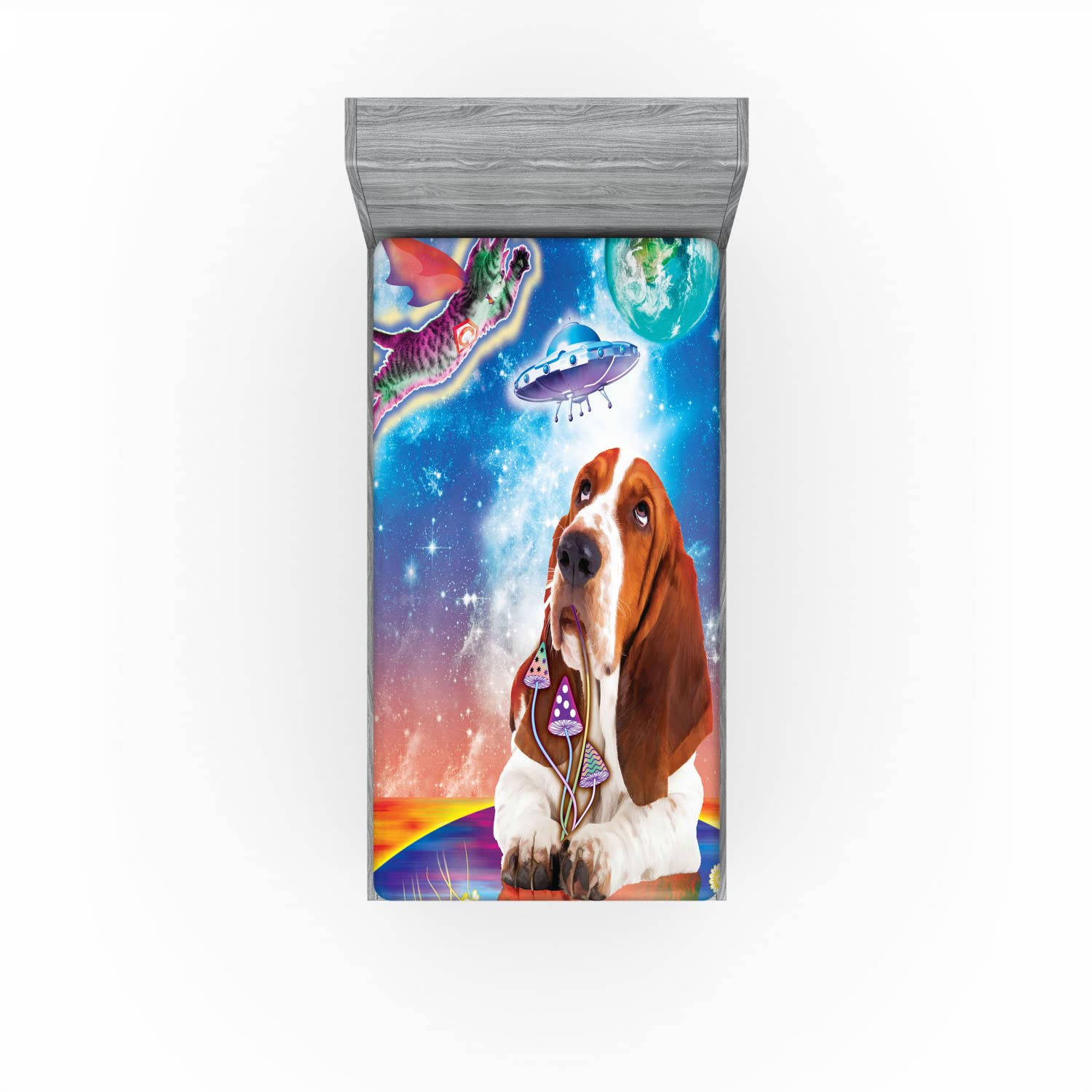Ambesonne Space Cat Fitted Sheet, Twin XL, Vibrant Cosmic Print - for Kids' Bedrooms & Dorm Decor