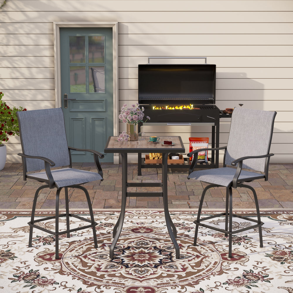 Sophia & William 3-Piece Patio Bistro Set with Blue/Gray Textilene Swivel Bar Stools - Outdoor Dining Furniture for Balcony, Garden & Backyard