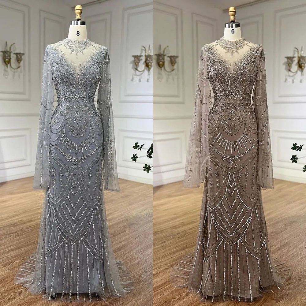 Elegant Dubai Gray Mermaid Beaded Lace Arabic Luxury Evening Dress for Women - Wedding, Party & Special Occasion Gowns 2025 | LA72517 | Perfect for Red Carpet Events, Galas & Formal Celebrations