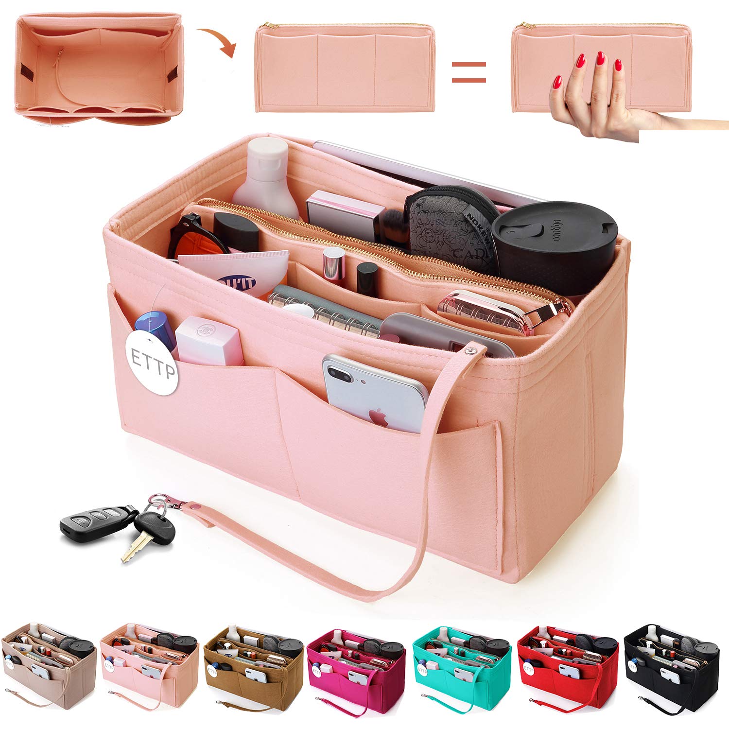 Premium Felt Purse Organizer Insert with Metal Zipper - Handbag Organizer for Speedy, Neverfull & Tote Bags - 7 Colors & 5 Sizes - Perfect for Travel, Work & Daily Organization