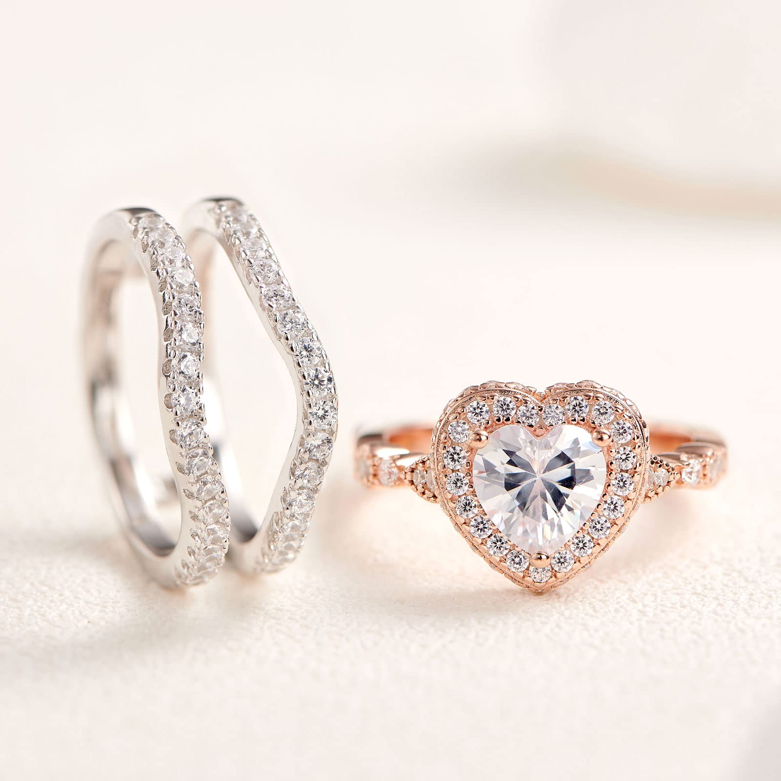 Heart Wedding Rings for Women - 5A CZ Engagement Ring Enhancer Set, 925 Sterling Silver, 2Ct Bridal Band, Size 5-10 - Perfect for Proposals, Anniversaries & Romantic Occasions