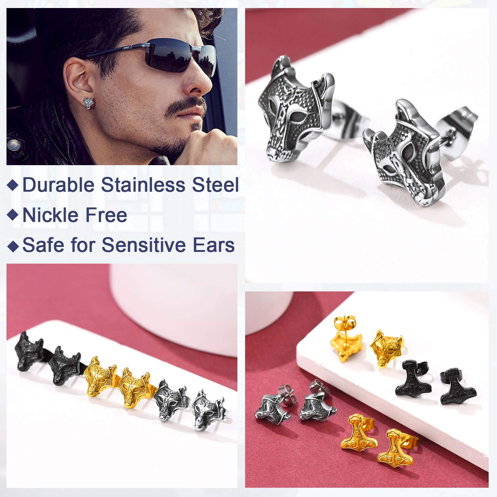 FaithHeart Viking Animal Huggie Hoop Earrings for Men - Gothic Dragon, Snake, Dinosaur & Wolf Stainless Steel Stud Earrings | Hypoallergenic, Lightweight Punk Rock Jewelry Gift for Everyday Wear & Gothic Fashion