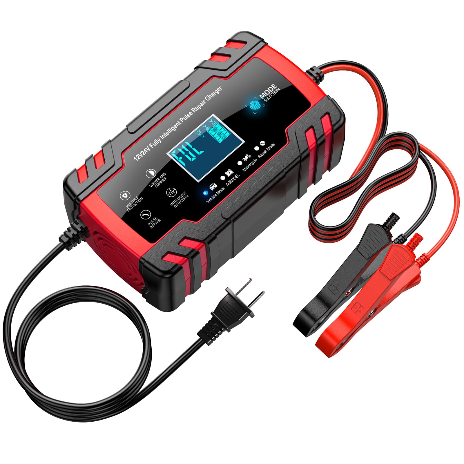 10-Amp 12V & 24V Smart Car Battery Charger - Automatic Charger with Temperature Compensation & Desulfator - Battery Maintainer & Trickle Charger for Cars, Trucks, Motorcycles & Marine Vehicles - Perfect for Winter Storage & Long-Term Battery Maintenance