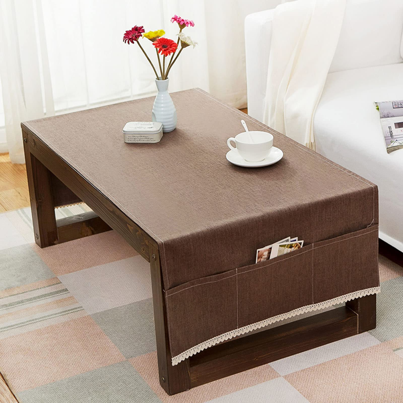 Waterproof Coffee Tablecloth with Pockets - Linen Rectangular Tea Table Cover, Oil Proof & Washable - Perfect for Dining Table, Washing Machine, Fridge Dust Cover (50x145cm/20x57in) - Ideal for Home, Kitchen & Office Use
