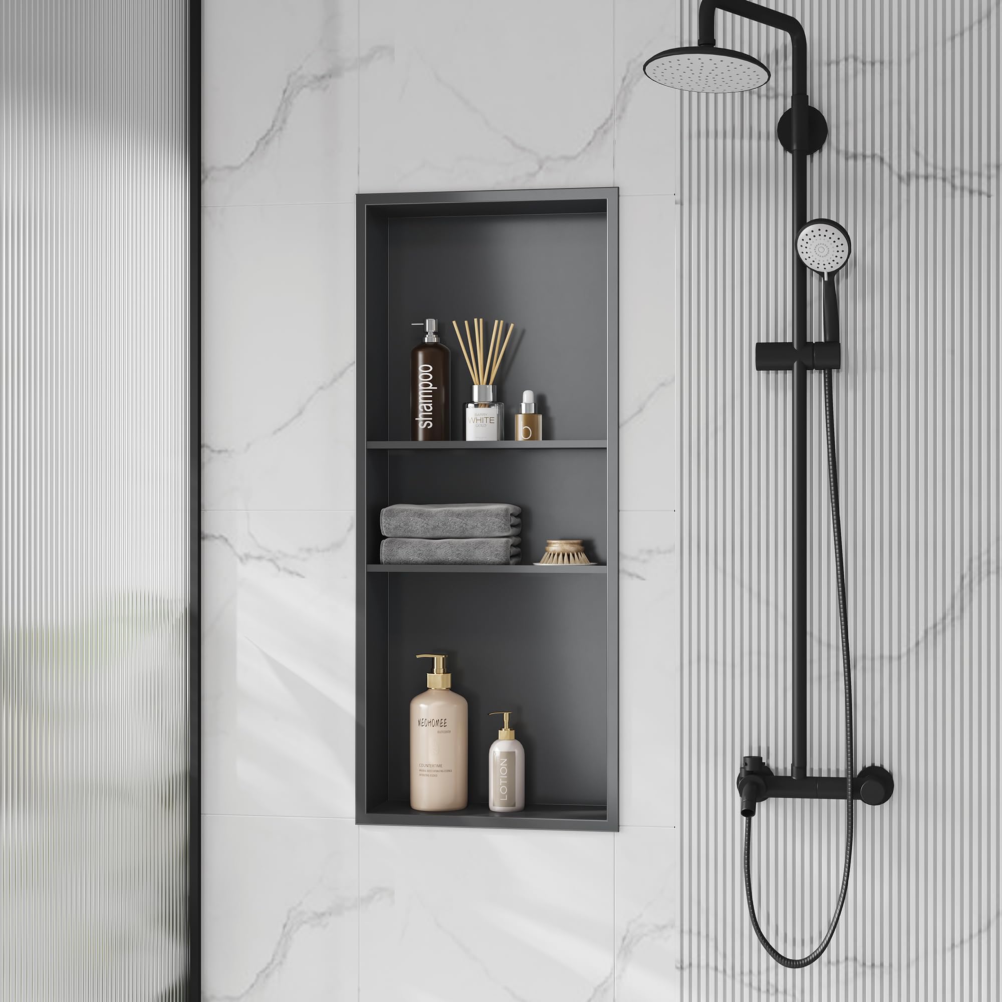 Neodrain 12X30 Inch Gun Metal 3-Layer Stainless Steel Recessed Shower Niche - No Tile Needed Bathroom Wall Storage Organizer for Shampoo, Soap & Bath Essentials
