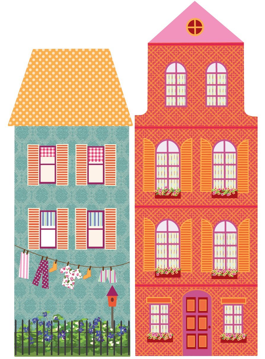 Girl's Dollhouse Town Wall Decals with Flower Border - Eco-Friendly Removable Wall Stickers for Kids Room, Nursery & Playroom Decor - Cityscape & Floral Wall Art for Girls Bedroom