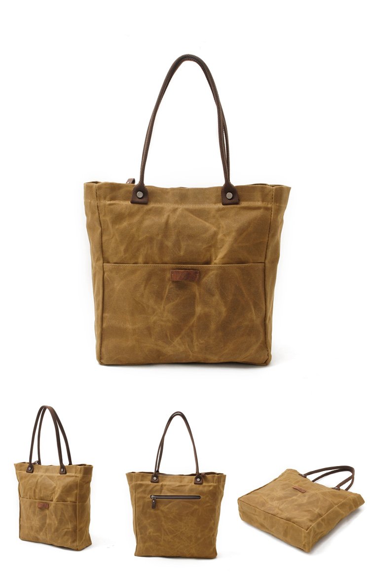 Stylish Women's Waxed Canvas Tote Bag with Genuine Leather Trim - Waterproof Work & Travel Shoulder Purse - Fits 14