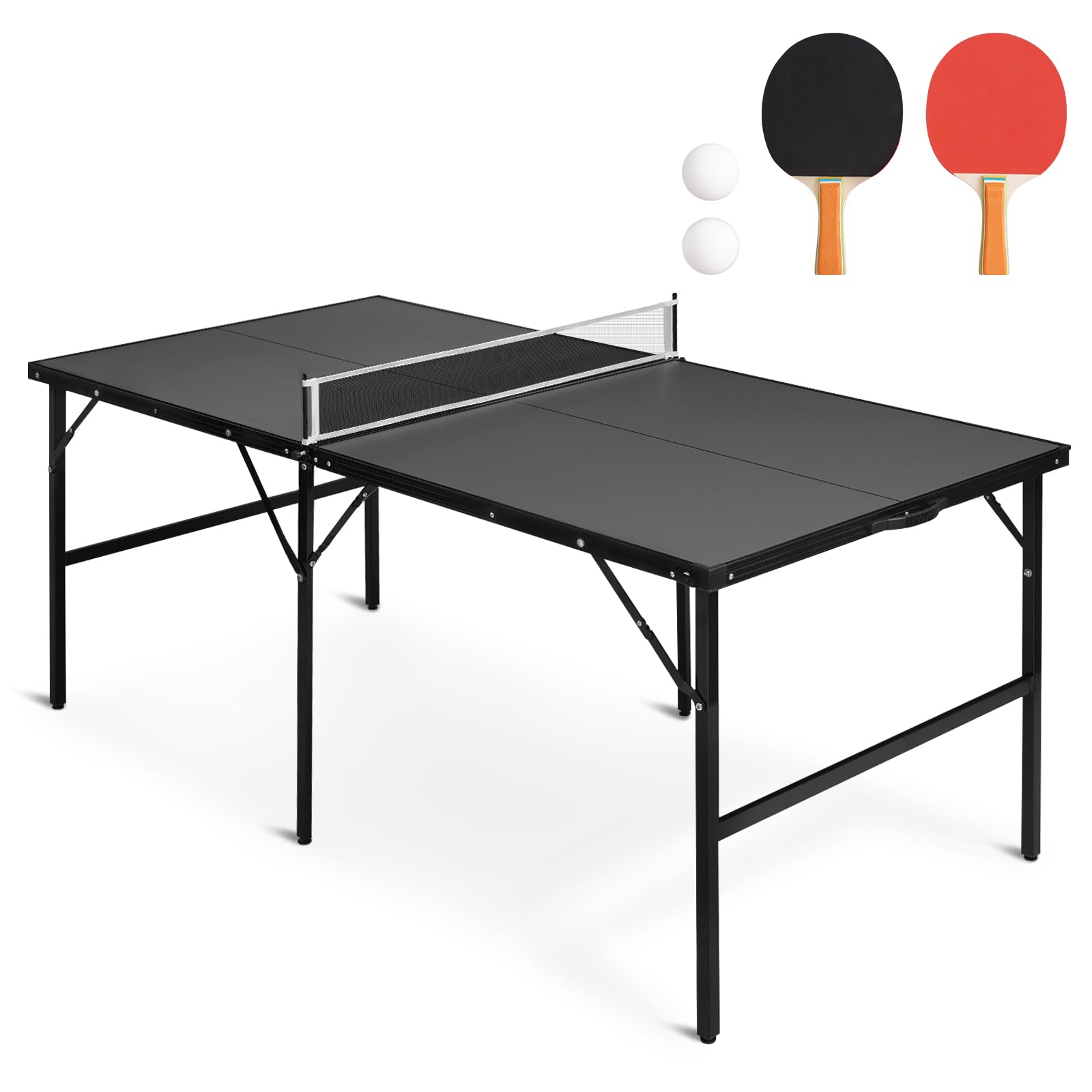 6x3 ft Portable Ping Pong Table - Indoor/Outdoor Folding Table Tennis Set with 2 Paddles, 2 Balls & Adjustable Net | Sturdy Iron Frame for Backyard, Game Room & Patio Fun