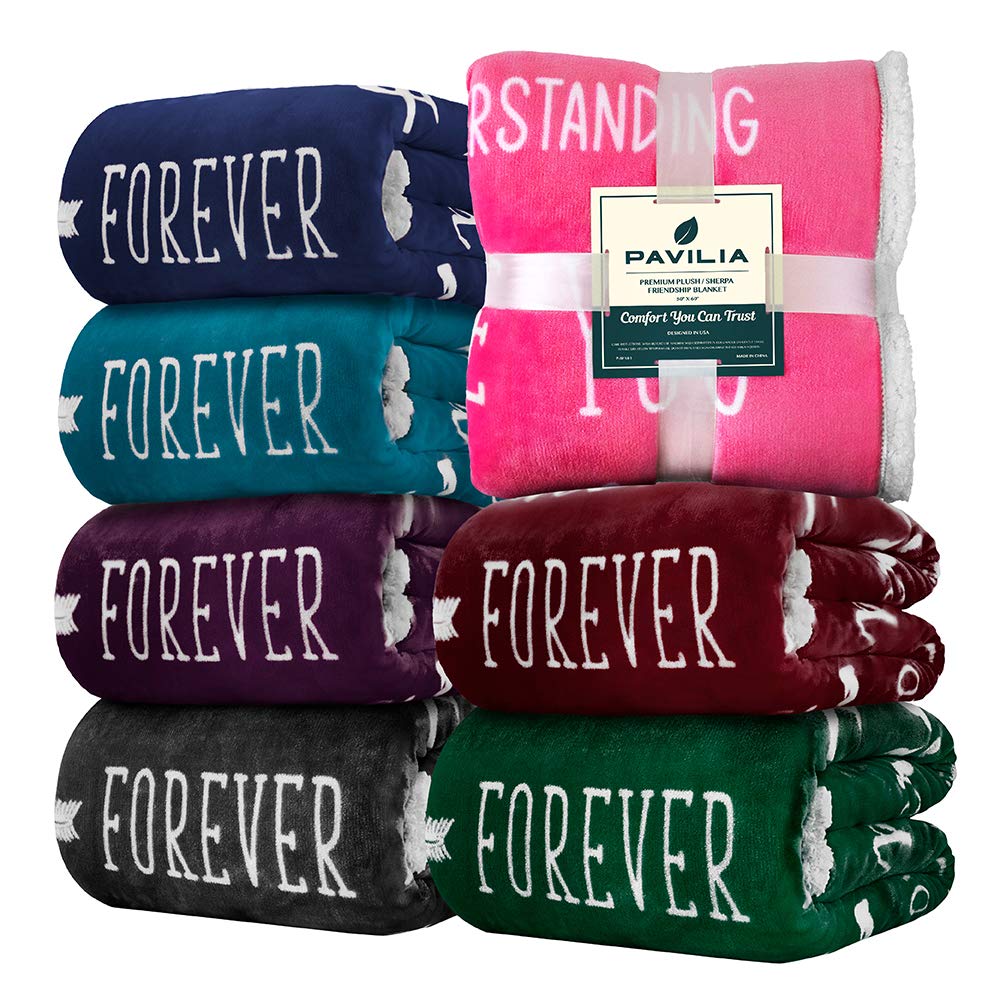 PAVILIA Best Friend Blanket - Soft Cozy Sherpa Throw Blanket with Inspirational Quotes | Thoughtful Friendship Gifts for Women, Birthday Present for Soul Sister & Long Distance Bestie | Perfect for Movie Nights, Sleepovers & BFF Gift Giving (Pink)