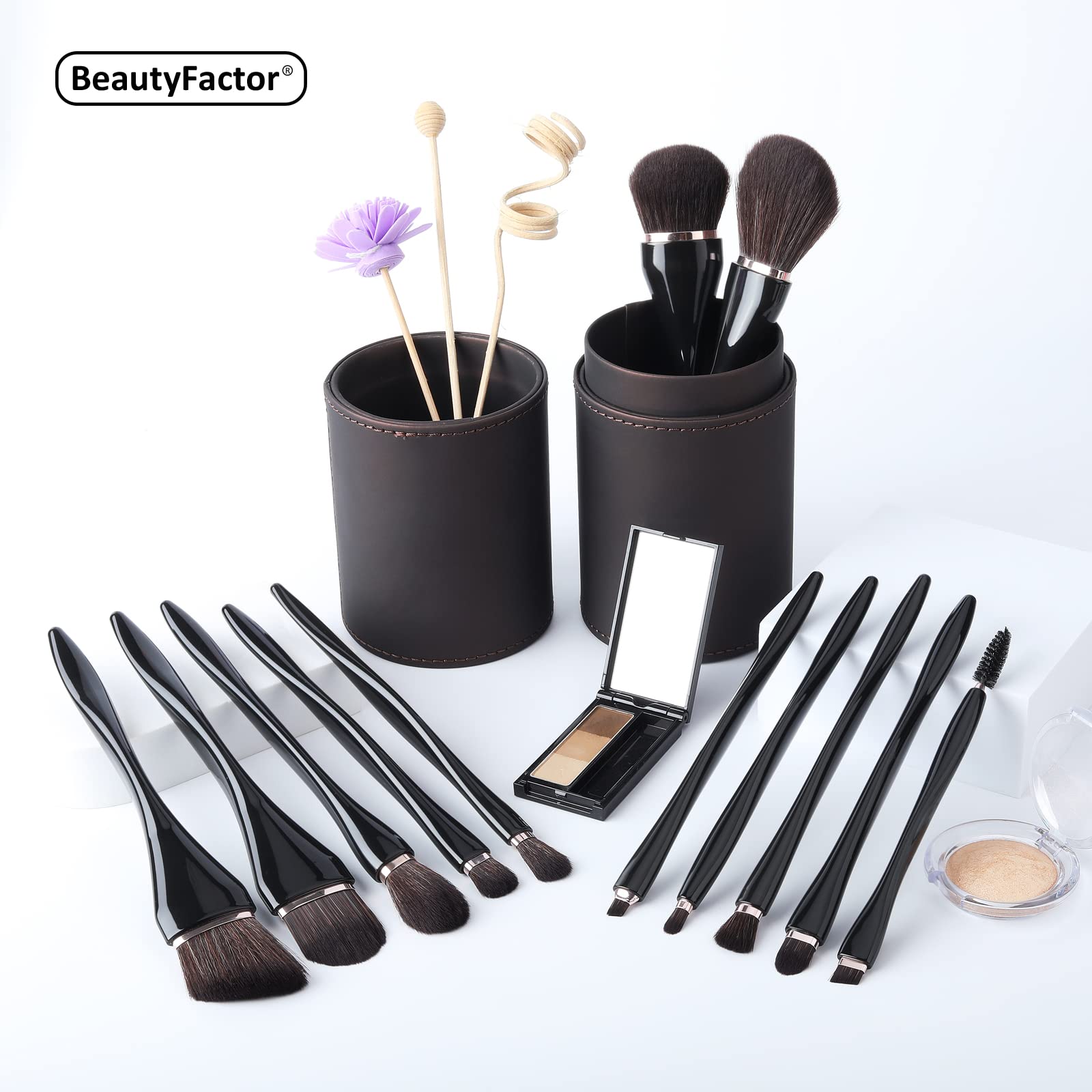 BeautyFactor 12Pcs Premium Synthetic Makeup Brush Set - Foundation, Powder, Concealer, Eyeshadow & Blush Brushes with Leather Storage Bucket | Perfect for Professional Makeup Artists & Home Beauty Routines