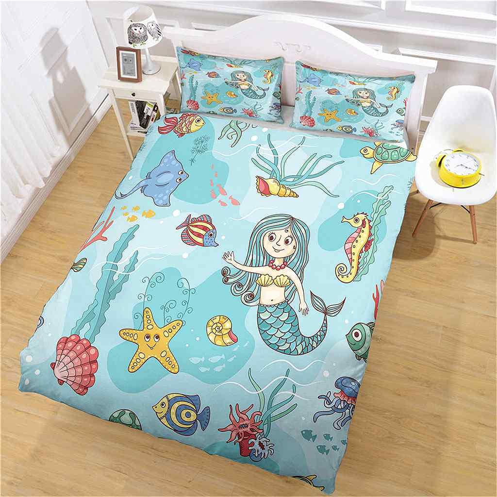 QJPQLL King Size 3D Mermaid Duvet Cover Set - 3 Piece Ultra Soft Microfiber Bedding with Zipper Closure (1 Duvet Cover 104x90in + 2 Pillow Shams) | Breathable Blue Ocean Theme Quilt Set for Master Bedroom, Guest Room & Coastal Decor