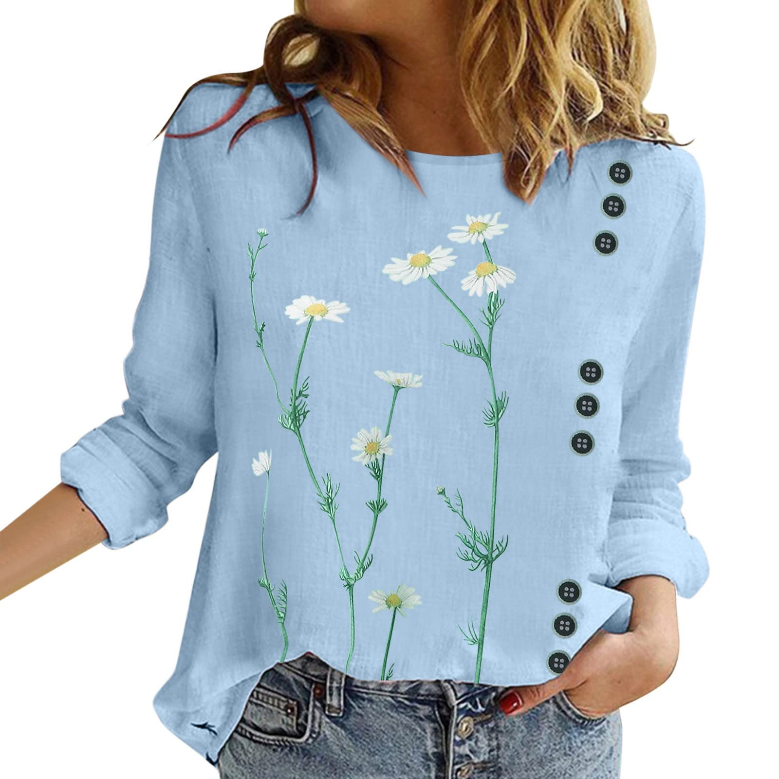 Women's Casual Daisy Print Long Sleeve Round Neck Blouse - Gold & White Color Block T-Shirt for Spring/Summer Outfits, Office Wear & Date Nights