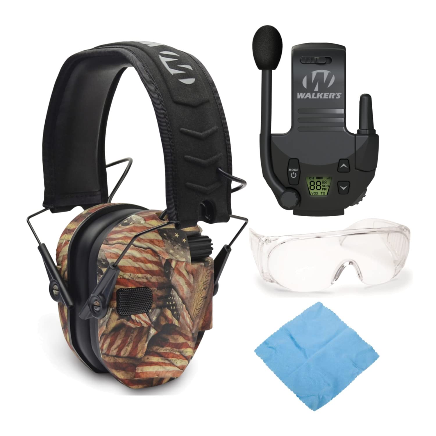 Walker's Razor Slim Electronic Shooting Earmuffs with Walkie Talkie & OTG Shooting Glasses Bundle - Noise Cancelling Hearing Protection for Hunting, Range Shooting & Outdoor Activities