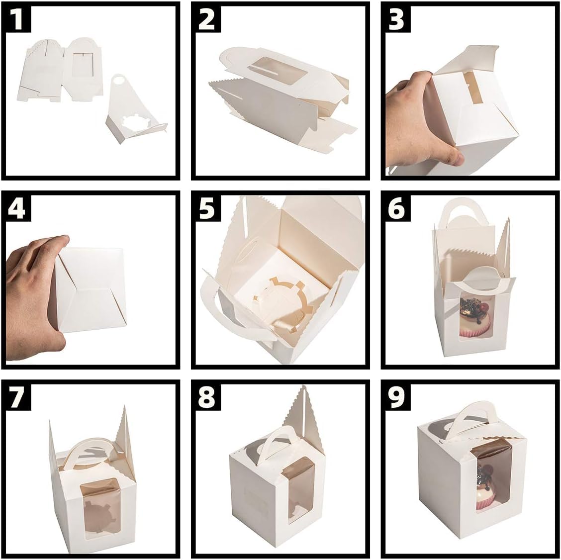 25-Pack White Cupcake Boxes with Window Inserts & Handles - Premium Gift Packaging for Weddings, Parties, Baby Showers & Events - Single Dessert Containers for Candy, Cookies & Treats (25P-Handle-White)