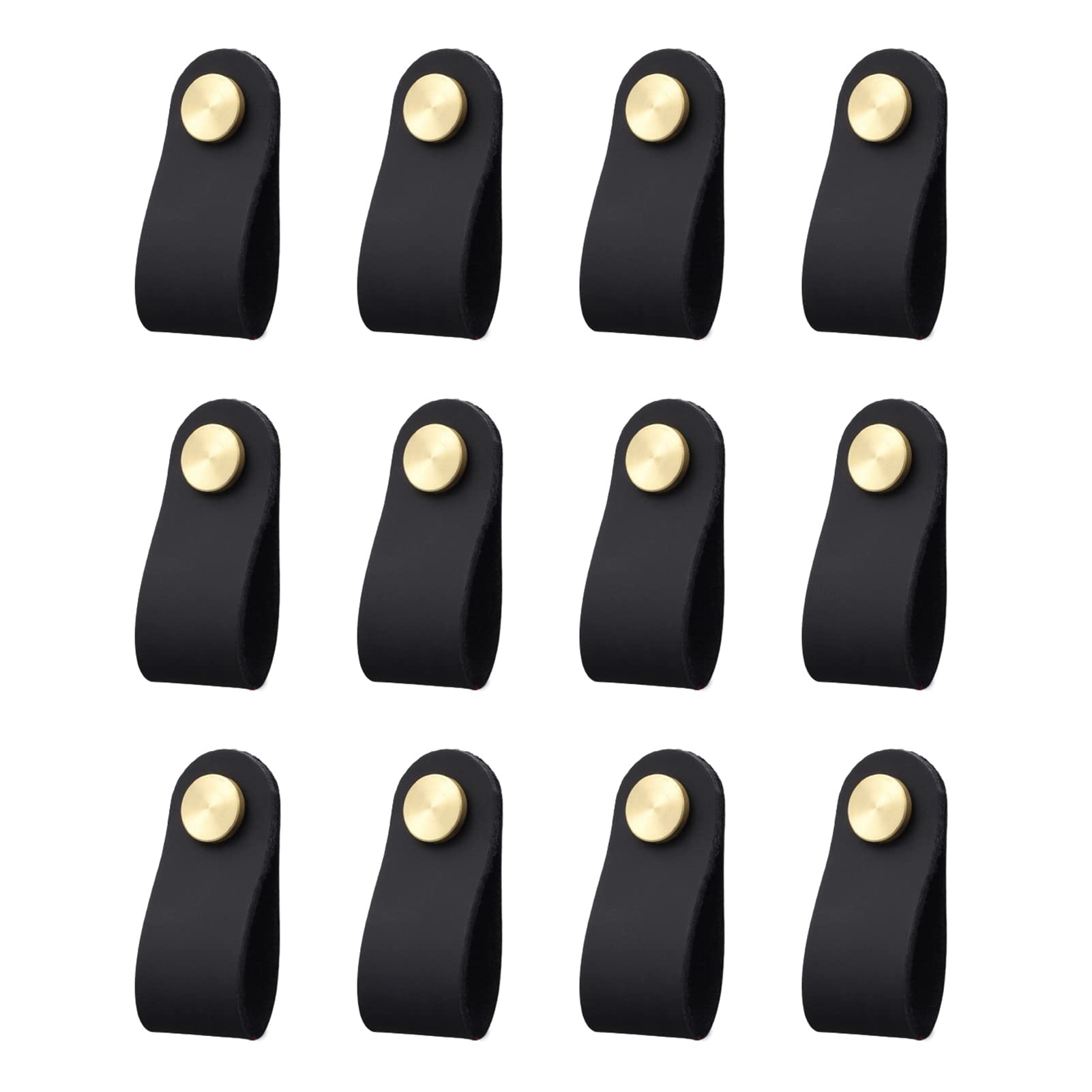 12 Pack Leather Drawer Pulls & Cabinet Knobs - Multicolor Brass Metalhead Single Hole Dresser Handles for Wardrobe, Closet, Kitchen & Bathroom (Black) - Easy Installation with Included Screws for Home Furniture Upgrade