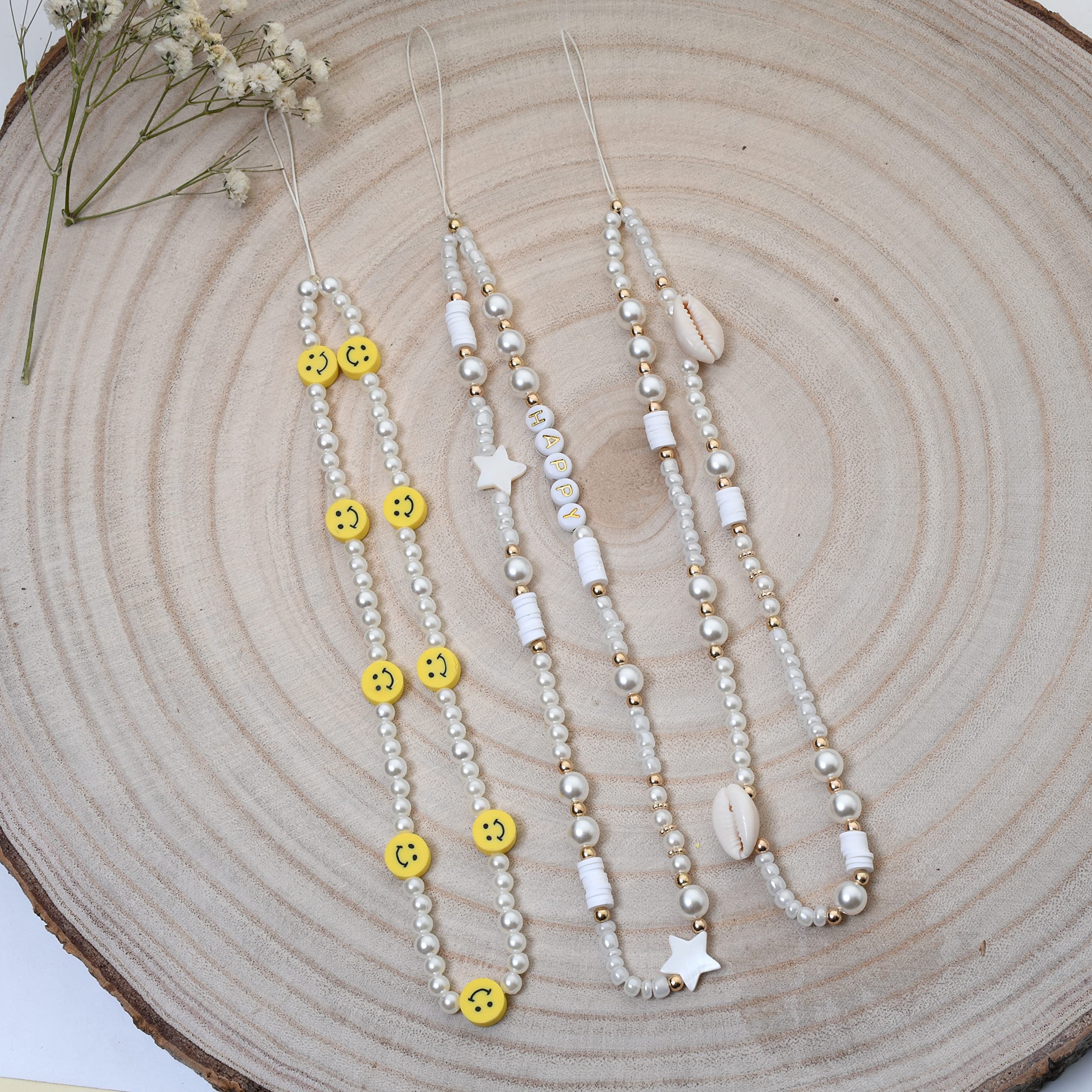 3pcs Handmade Beaded Phone Lanyard Wristband - Smiley Beaded Phone Charm with Shell Letter Design - Stylish Phone Chain Strap for Women & Girls - Perfect for Work, School, Travel and Everyday Use
