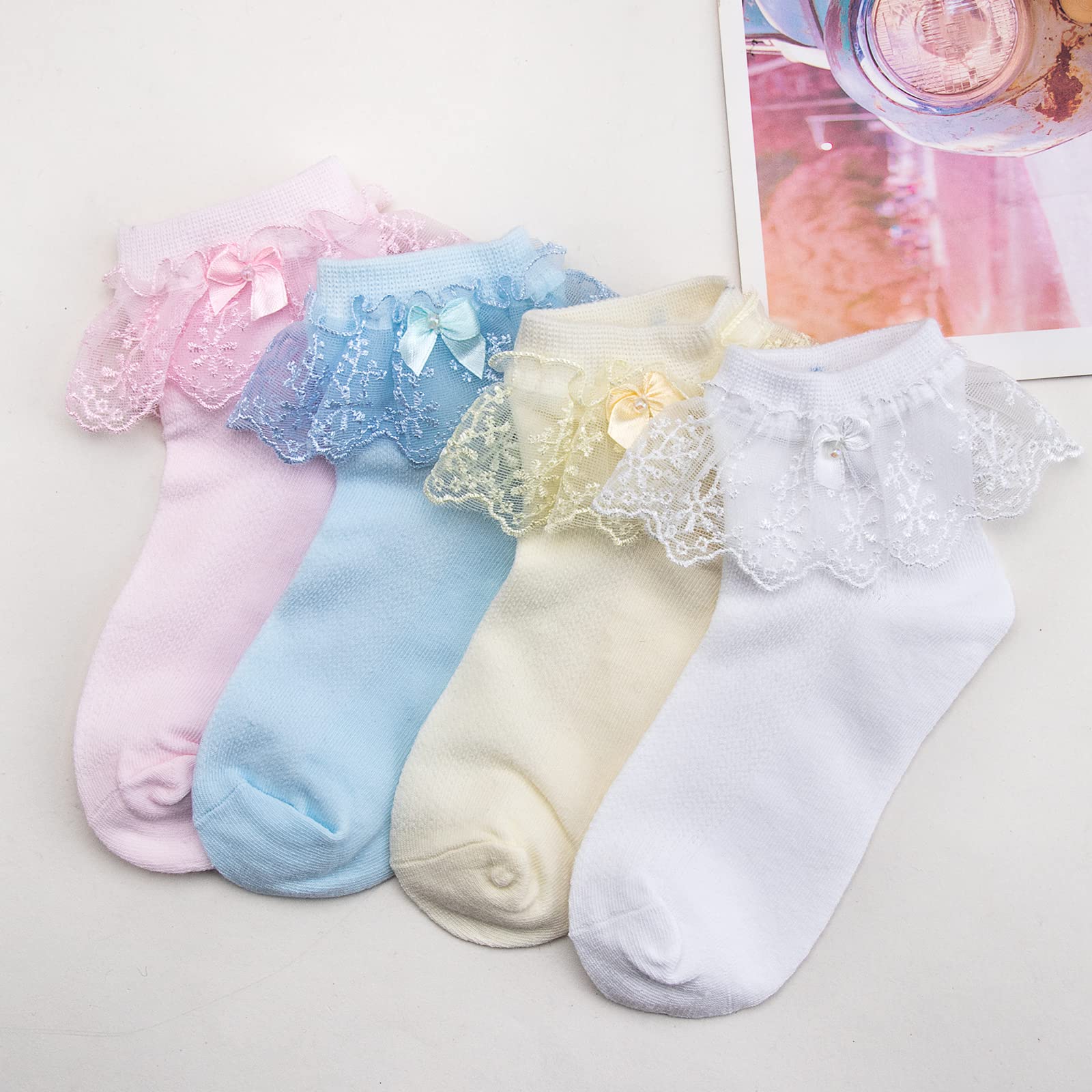 4/6 Pack Baby Toddler Girls Ruffle Socks - White Lace Frilly Princess Ankle Socks | Soft Cotton Eyelet Dress Socks for Little Kids | Perfect for Parties, Photos & Special Occasions