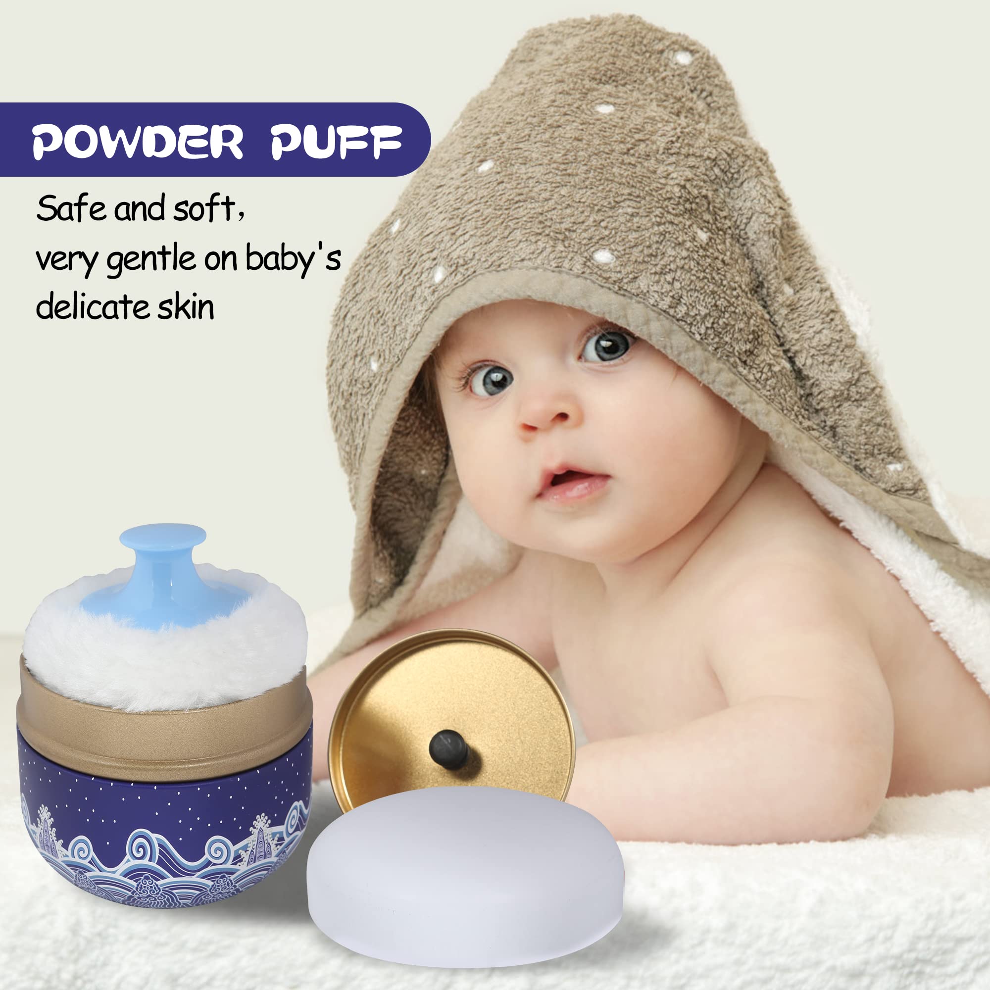 WEMEGA Travel Body Powder Case with Powder Puff - Compact Powder Container for Baby & Women - Perfect for On-the-Go, Gym, Makeup Touch Ups & Diaper Bag Essentials (Blue Sea)