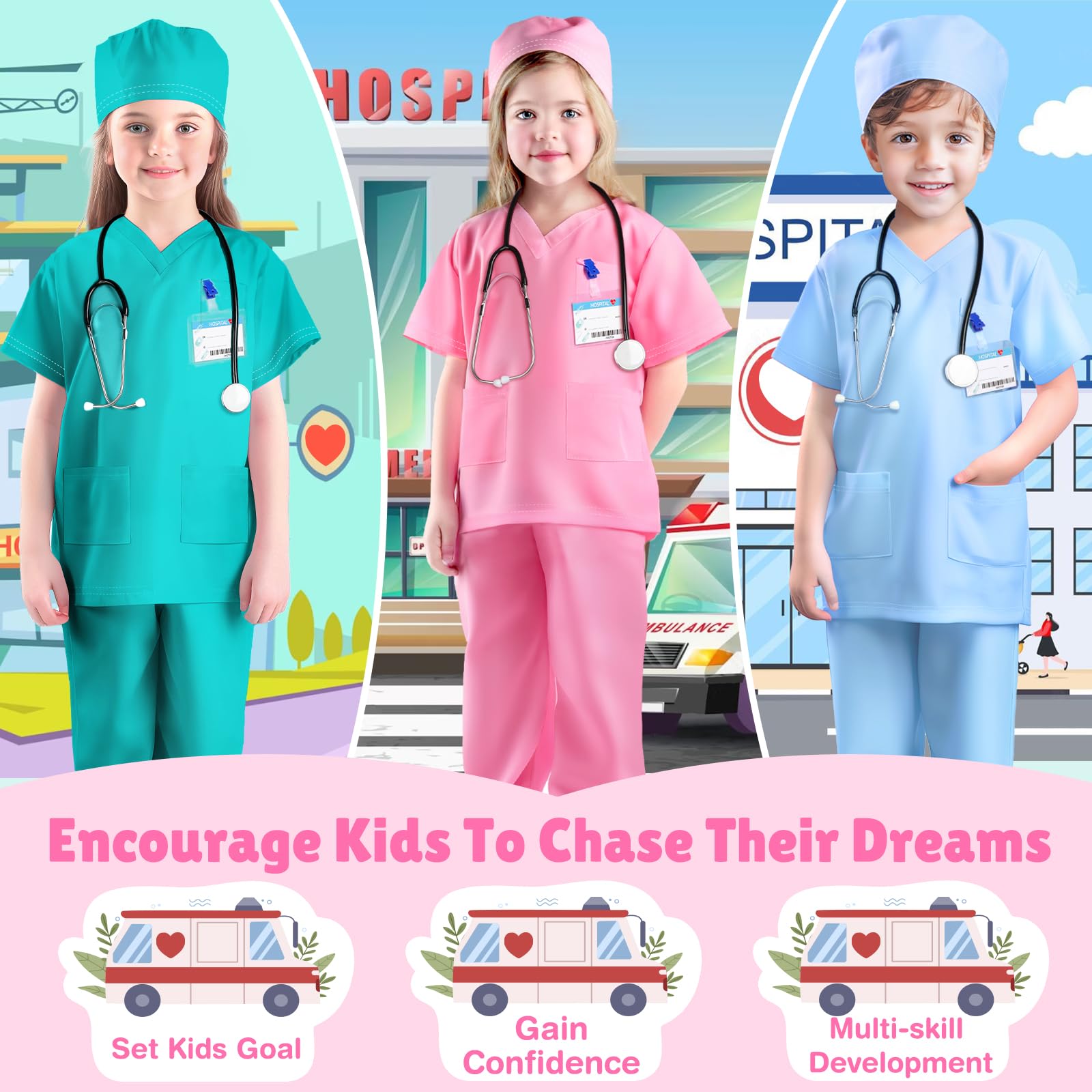 **Doctor Costume for Kids - Toddler Scrubs Set with Stethoscope & Accessories - Halloween Dress Up, Role Play, Pretend Play Costume for Boys & Girls**    *(Perfect for Halloween, School Plays, Birthday Parties, and Doctor-Themed Dress-Up Fun!)*