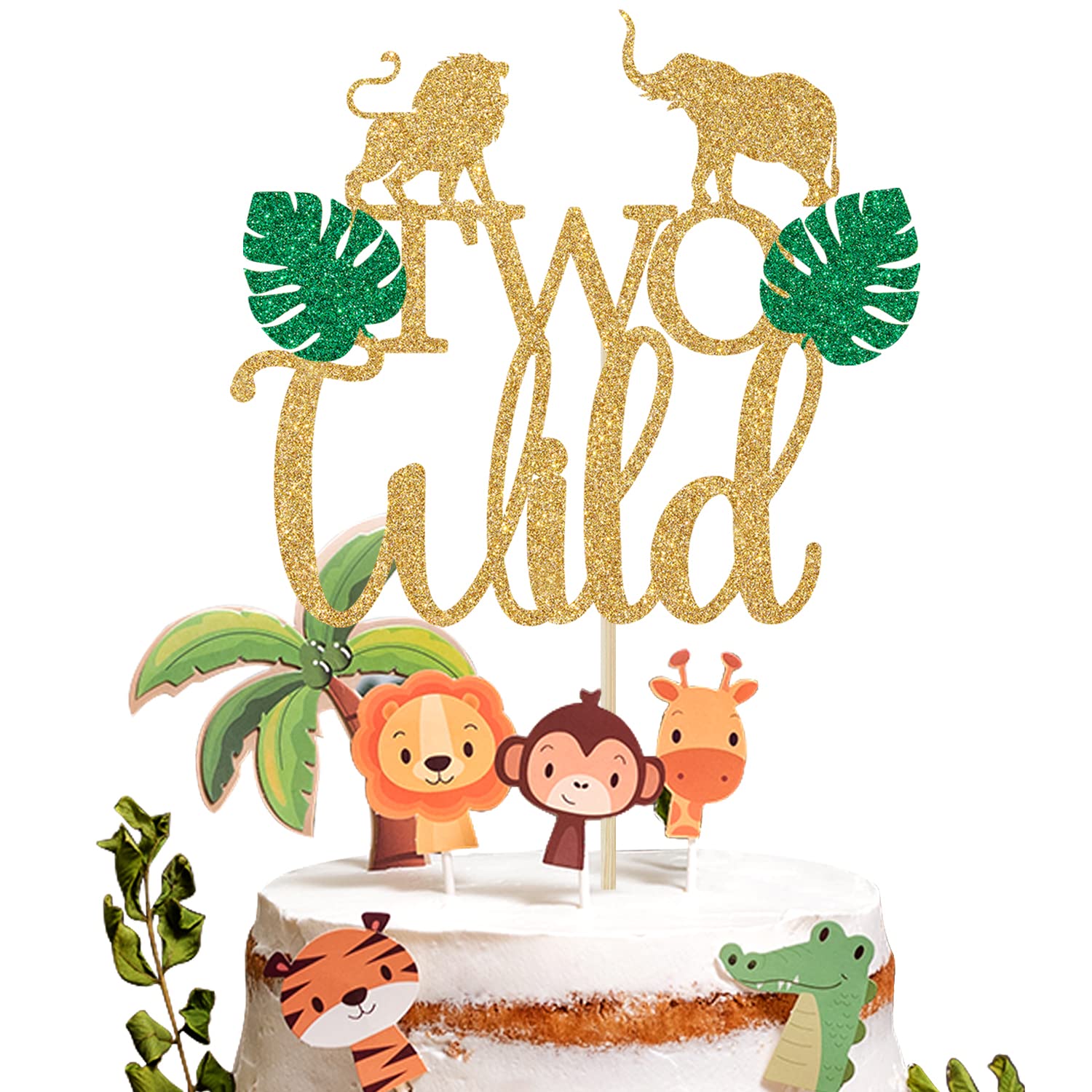 Gold Glitter 'Born Two Be Wild' Cake Topper - Jungle Animal Themed 2nd Birthday Party Decorations | Happy 2nd Birthday Cake Decor for Wild One Celebrations, Baby Showers & Safari Theme Parties