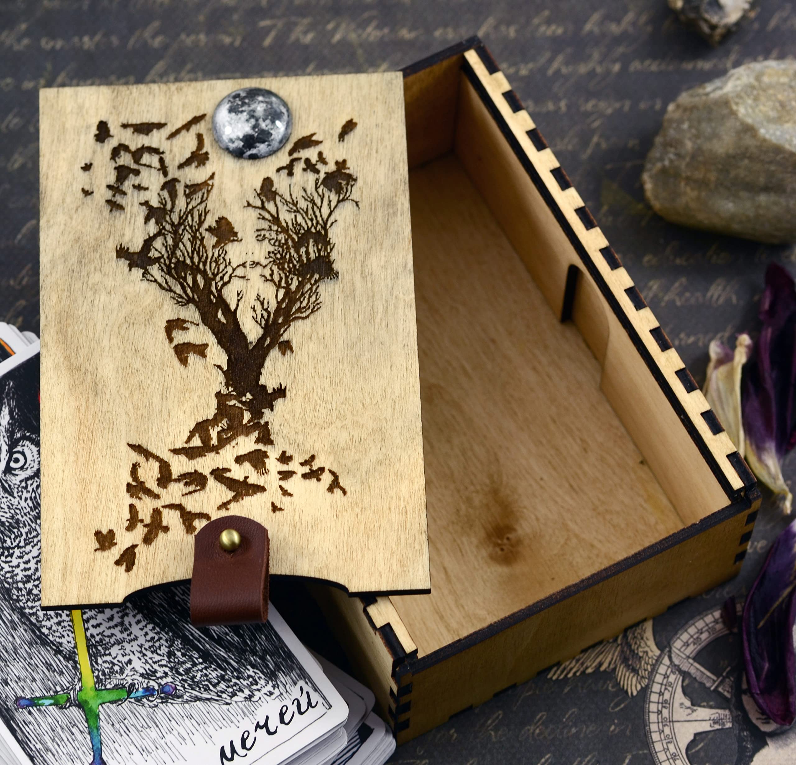 Handcrafted Engraved Wooden Tarot Card Box with Crows & Moon Design - Small Wood Storage Box for Tarot Decks, Wiccan & Witchcraft Supplies - Perfect for Divination, Rituals & Spiritual Gifts