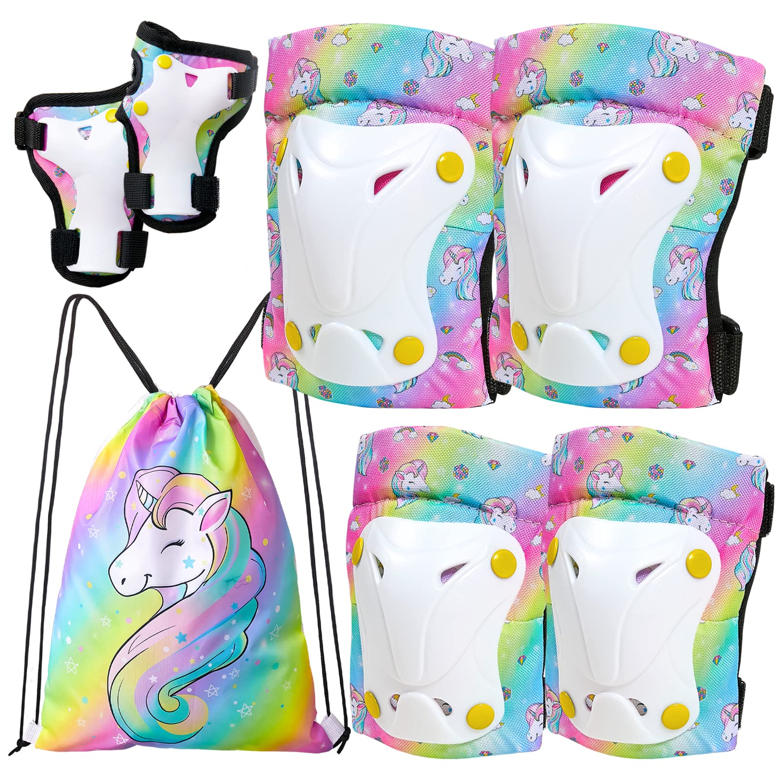 FIODAY Kids Knee Pads & Elbow Pads Set with Wrist Guards - Adjustable Protective Gear for Toddlers 9-15 Years (Rainbow) - Perfect for Skating, Cycling, Skateboard & Scooter - Includes Drawstring Bag for Easy Storage