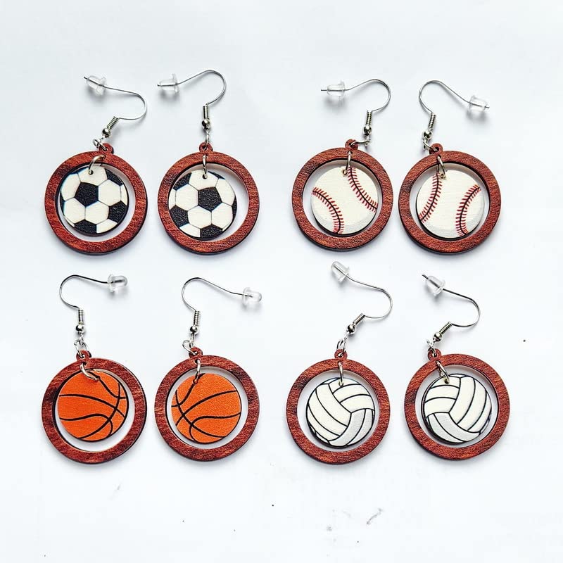 Wooden Sports Ball Drop Earrings - Football, Basketball, Baseball, Soccer & Volleyball Hollow Print Dangle Earrings for Women - Perfect Gift for Sports Fans & Players - Great for Holidays, Games & Casual Wear