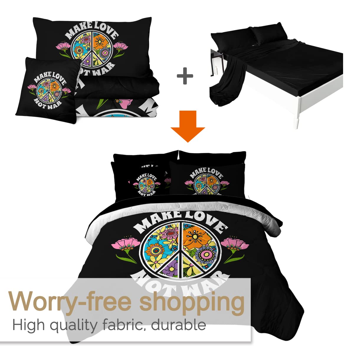 BlessLiving Love Peace Sign Twin Comforter Set - 8 Piece Hippie Bed in a Bag with Black Floral Design | Lightweight All-Season Down Alternative Bedding for Twin Beds | Perfect for Bohemian Bedrooms, Dorm Rooms & Teen Girls' Bedrooms