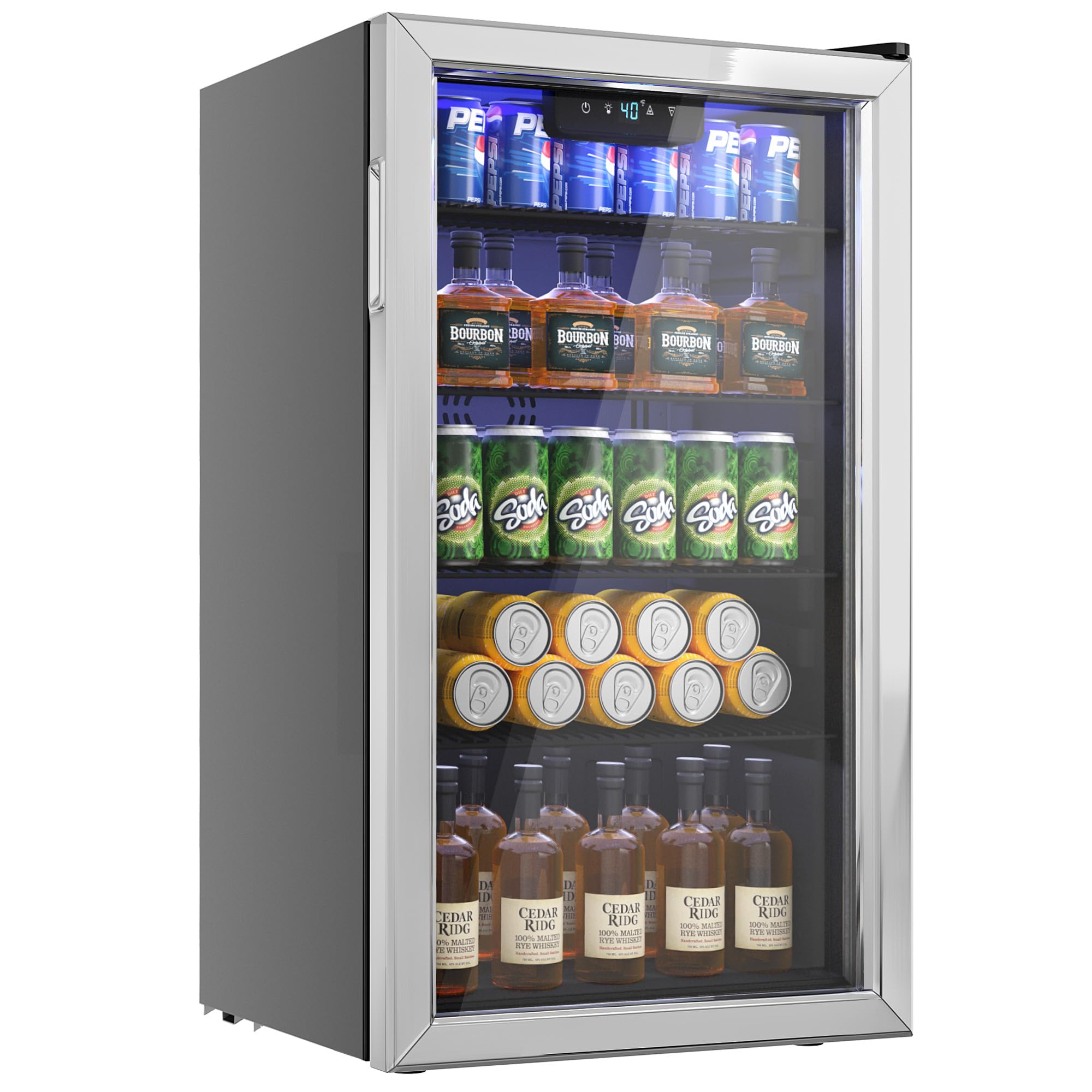 126 Can Mini Beverage Refrigerator Cooler with Glass Door for Soda, Beer, Wine - Adjustable Removable Shelves, Silver - Perfect for Home, Office, Bar, and Kitchen Use