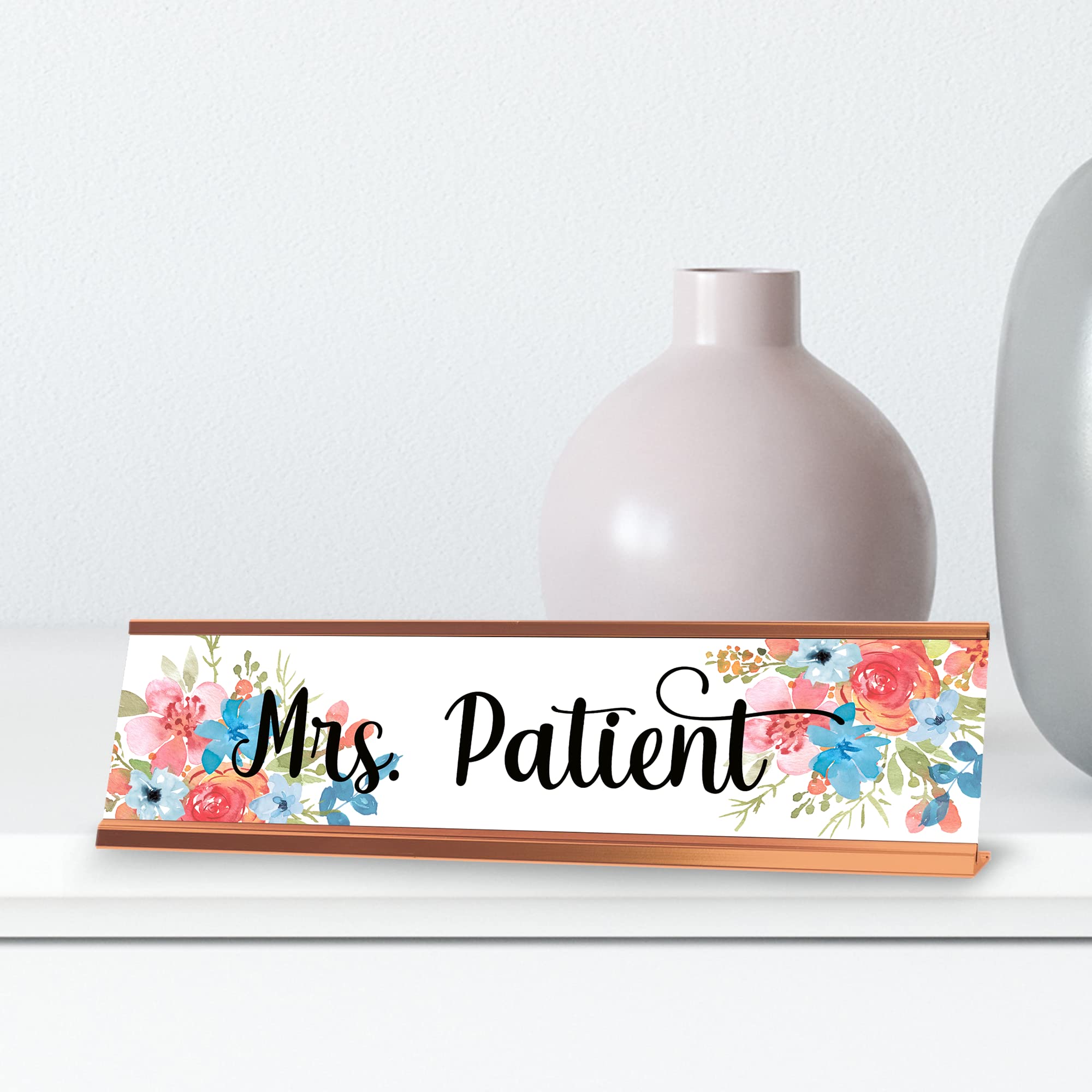 Mrs. Patient Flowers Gold Frame Desk Sign - 2x8 Inches Elegant Office Nameplate for Doctors, Nurses & Medical Professionals - Perfect for Reception Desks, Clinic Counters & Healthcare Workstations