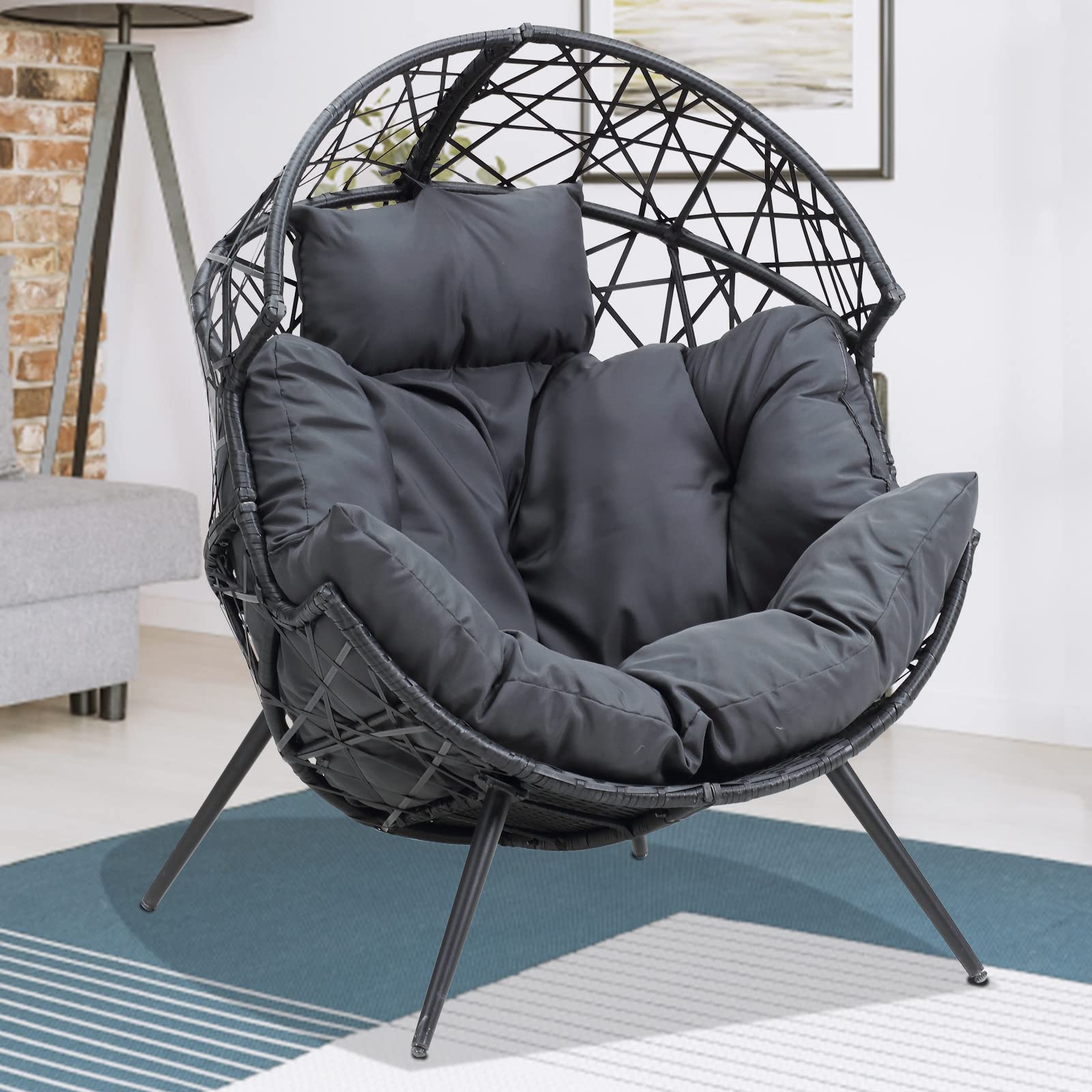 Outdoor & Indoor Egg Chair - Wicker Basket Lounger with Cushion & Stand - Dark Gray - Perfect for Living Room, Patio, Backyard, and Garden Relaxation