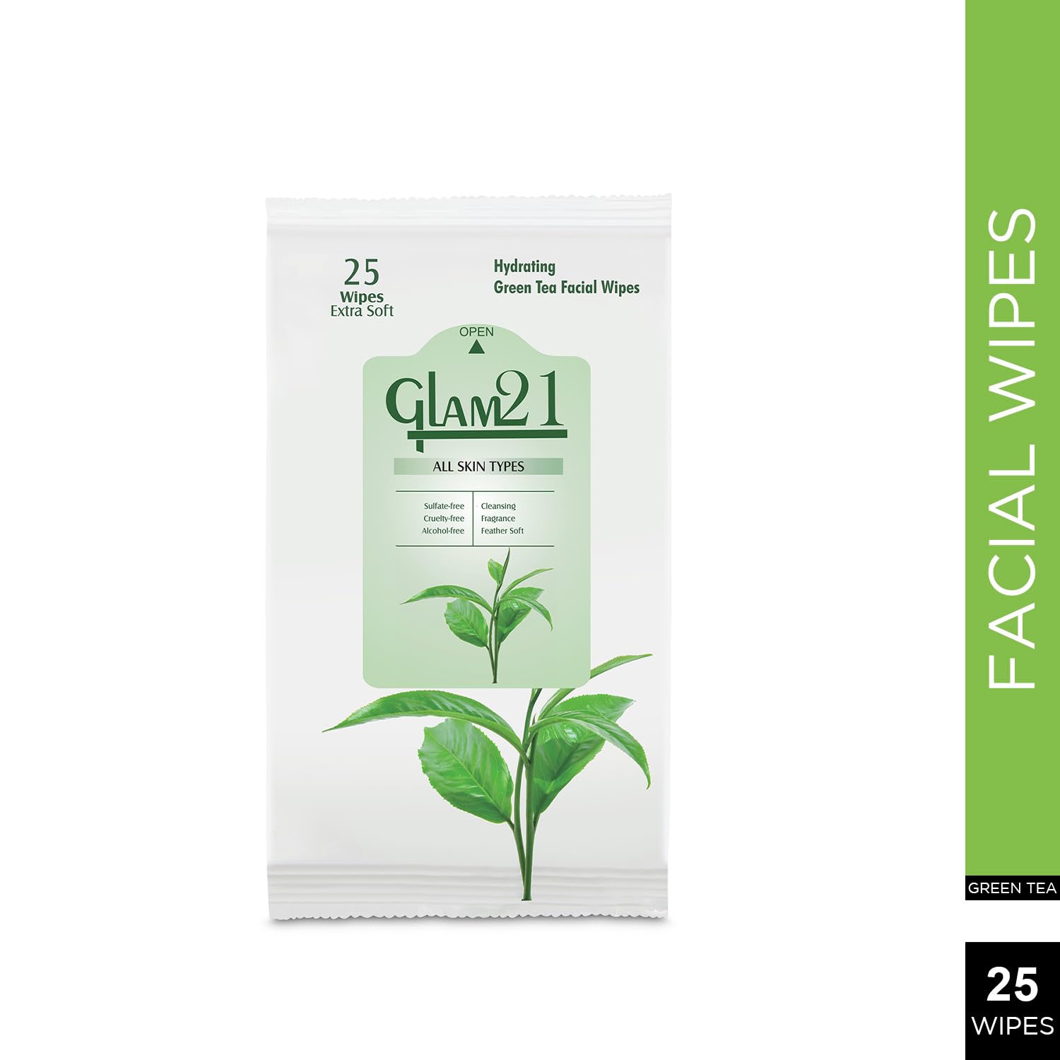 Glam21 Facial Wipes - Super Soft & Moisturizing Green Tea Cleansing Wipes for Makeup Removal & Skin Refreshment | Pack of 25 | Perfect for Travel, Gym & Daily Skincare Routine
