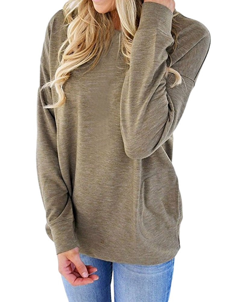 SLEITY Women's Solid Color Round Neck Long Sleeve Pullover Top with Front Pocket - Casual Comfort Shirt for Work, Travel & Everyday Wear