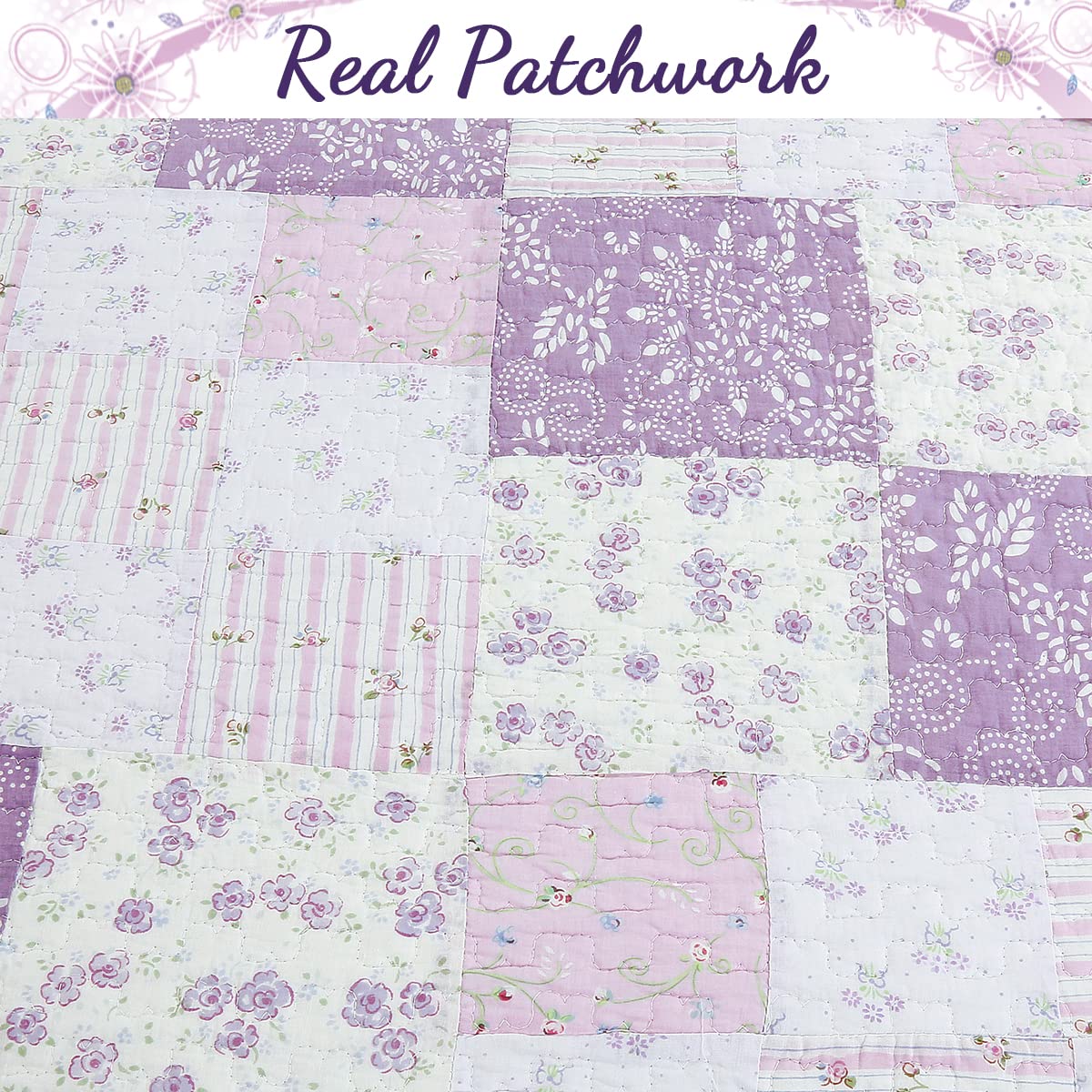 Light Purple Floral 100% Cotton Reversible Patchwork Quilt Set - Queen Size 3-Piece Bedding | Cozy Line Home Fashions | Perfect for Master Bedrooms, Guest Rooms & Cozy Farmhouse Decor