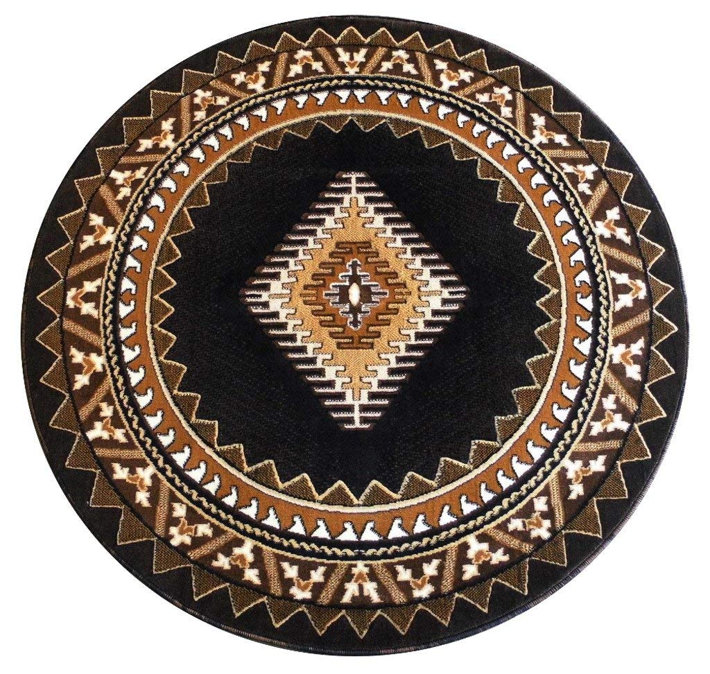 Authentic Navajo Aztec Western Native American Geometric Black Area Rug - 7 Feet Round for Living Room, Bedroom & Boho Decor