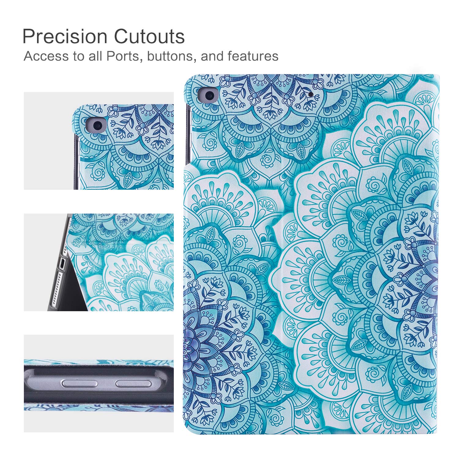 Vimorco Slim Shockproof PU Leather Case for iPad 5th/6th Generation 9.7 inch (2017/2018) & iPad Air 1/2 - Adjustable Stand Cover with Green Mandala Design | Perfect for Work, Travel & Home Use
