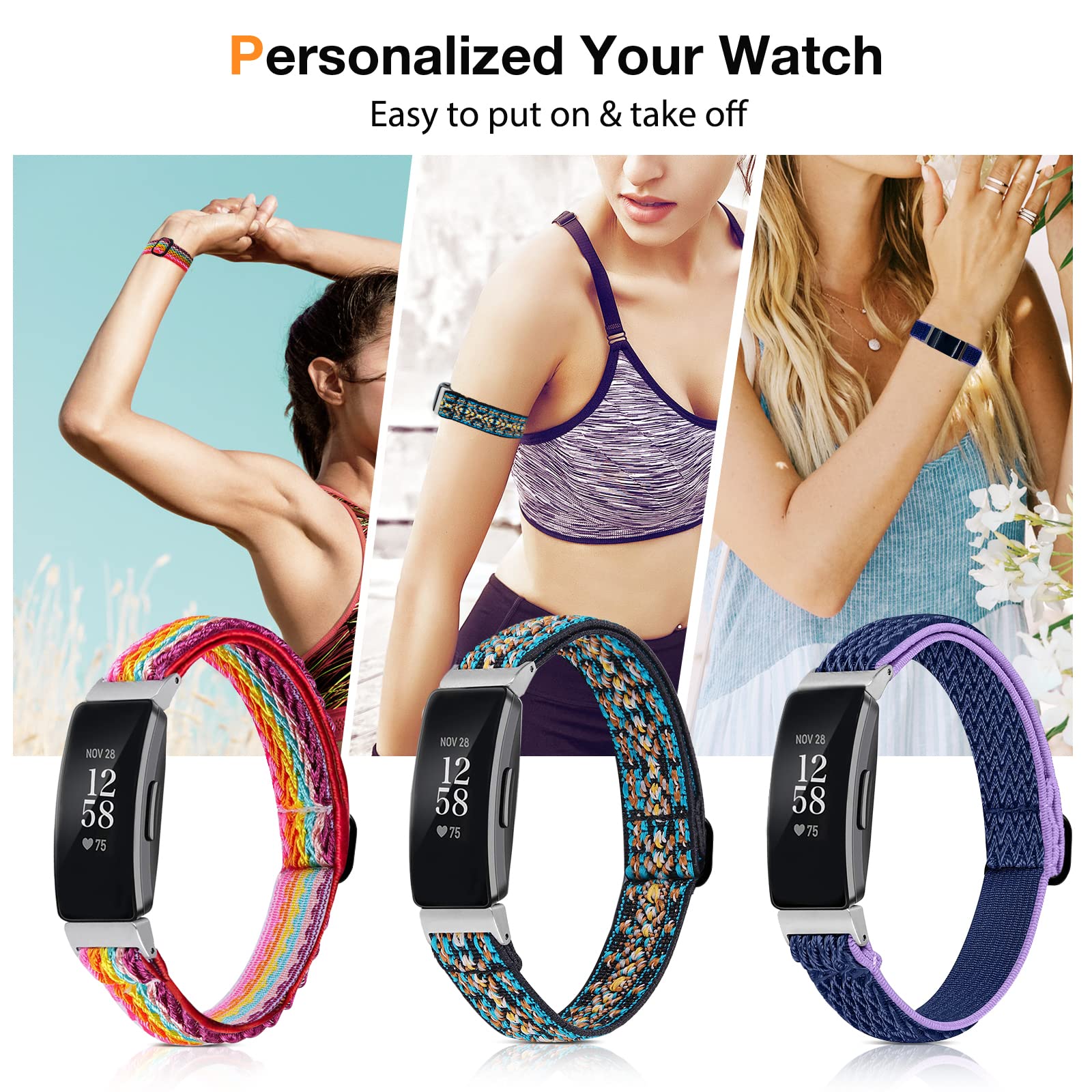 3 Pack Stretchy Replacement Bands for Fitbit Inspire 2/Inspire HR/Inspire/Ace 2 - Soft Adjustable Solo Loop Nylon Straps for Women & Men - Perfect for Workouts, Running & Daily Fitness Tracking