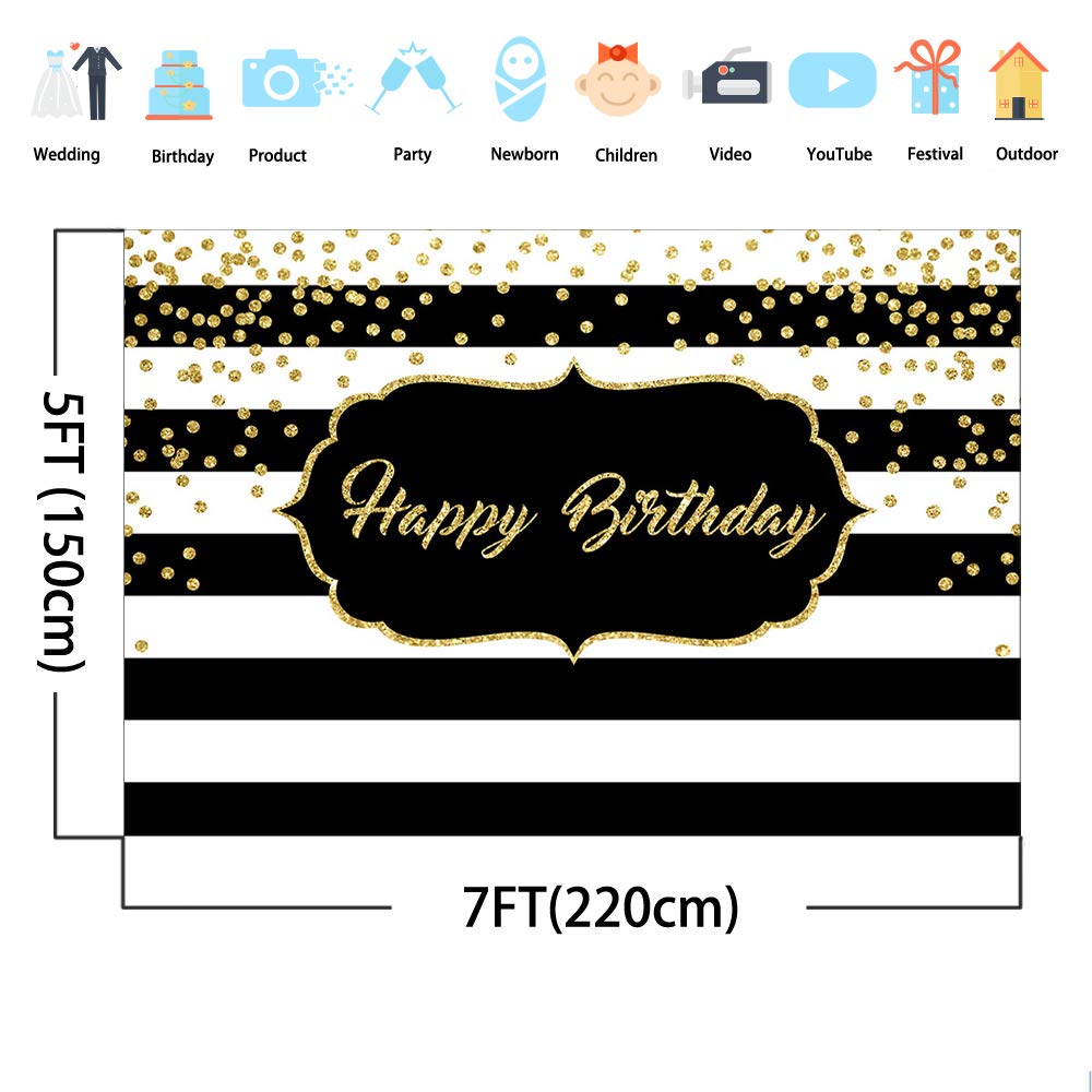 Gold Glitter Dots Black & White Stripes Happy Birthday Backdrop - 7x5ft Photo Booth Background for Men's Bday Party Decorations | Perfect for Birthday Photoshoots, Party Decor & Social Media Backdrops