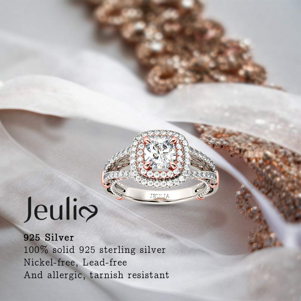 Jeulia 2 Carat Double Halo Cushion Cut Engagement Ring - 14K White Gold Plated Cubic Zirconia Wedding Band - CZ Solitaire Promise Ring with Velvet Jewelry Gift Box - Perfect for Proposals, Anniversaries & Special Occasions
