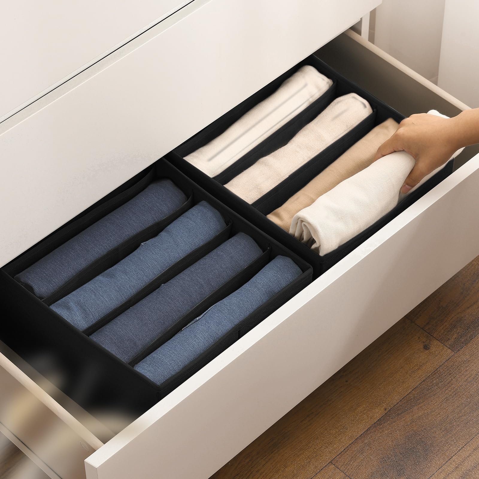 DIMJ Foldable Clothes Organizer for Closet - 5 Grid Storage Box for Jeans, Sweaters, T-Shirts & Folded Clothes | Space-Saving Wardrobe Organizer (Black) - Perfect for Bedroom, Dorm, or Small Space Organization