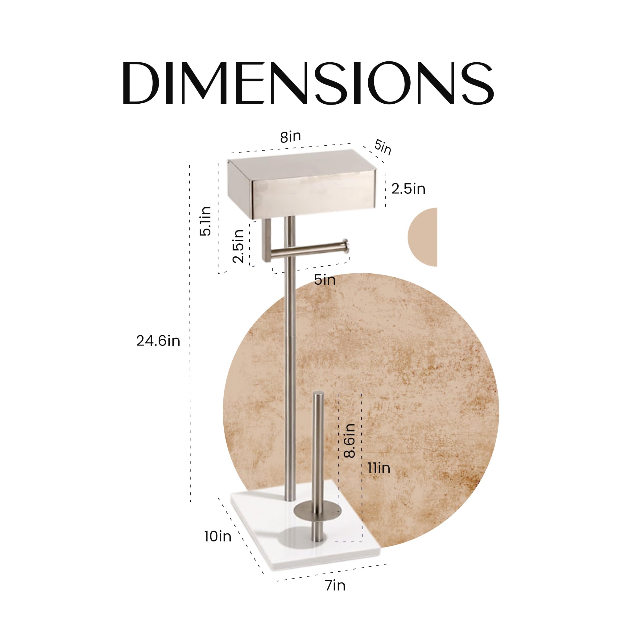 Day Moon™ Brushed Nickel Free Standing Toilet Paper Holder with Storage Shelf - Modern Bathroom Tissue Dispenser & Wipes Organizer - Space Saving Design for Small Bathrooms, Powder Rooms and RVs