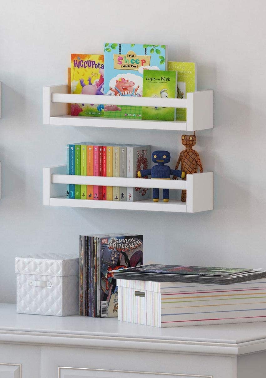 Set of 2 White Wood Wall Shelves for Nursery Room - Perfect for Baby Books, Toys & Decor Storage