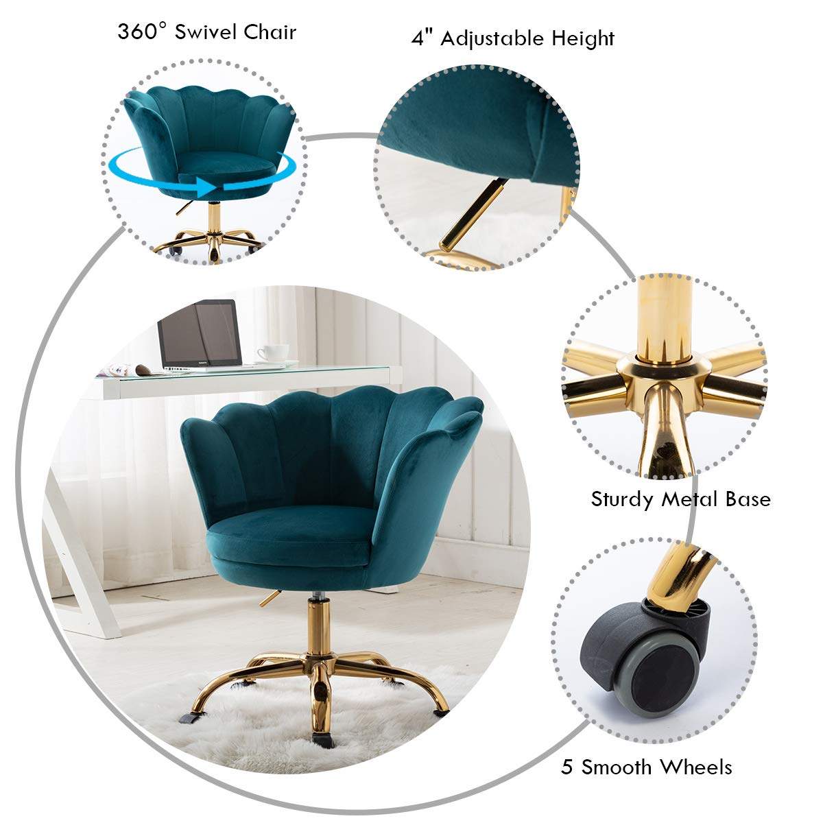 Ergonomic Modern Home Office Swivel Chair - Adjustable Height Shell Desk Chair with Upholstered Seat - Comfortable Computer Task Chair for Work, Study & Relaxation - Perfect for Office, Living Room, Bedroom & Small Spaces